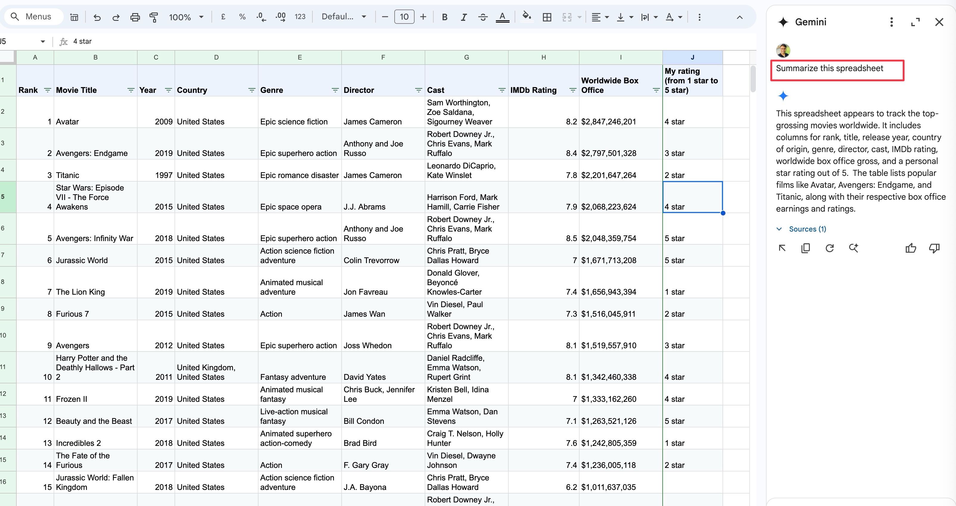 Summerize a spreadsheet using Gemini