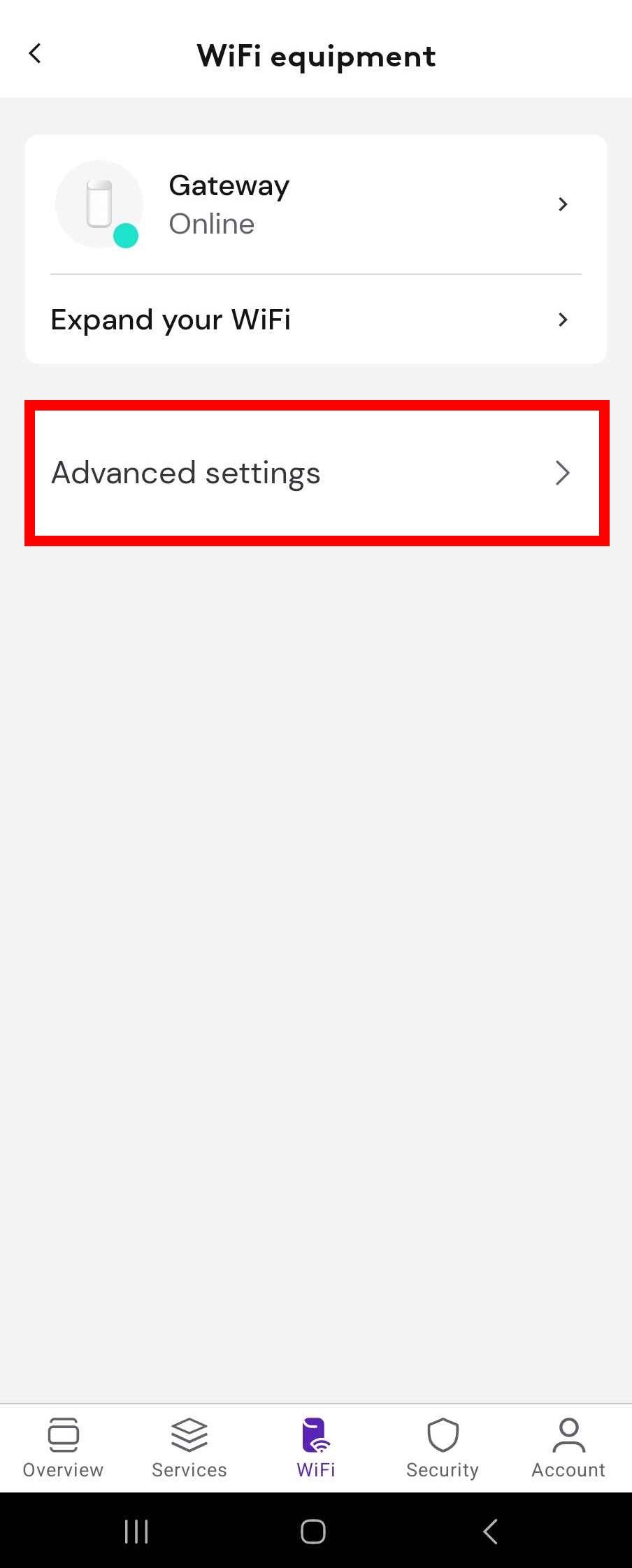 WiFi device page in the Xfinity app with red rectangle border to highlight advanced settings