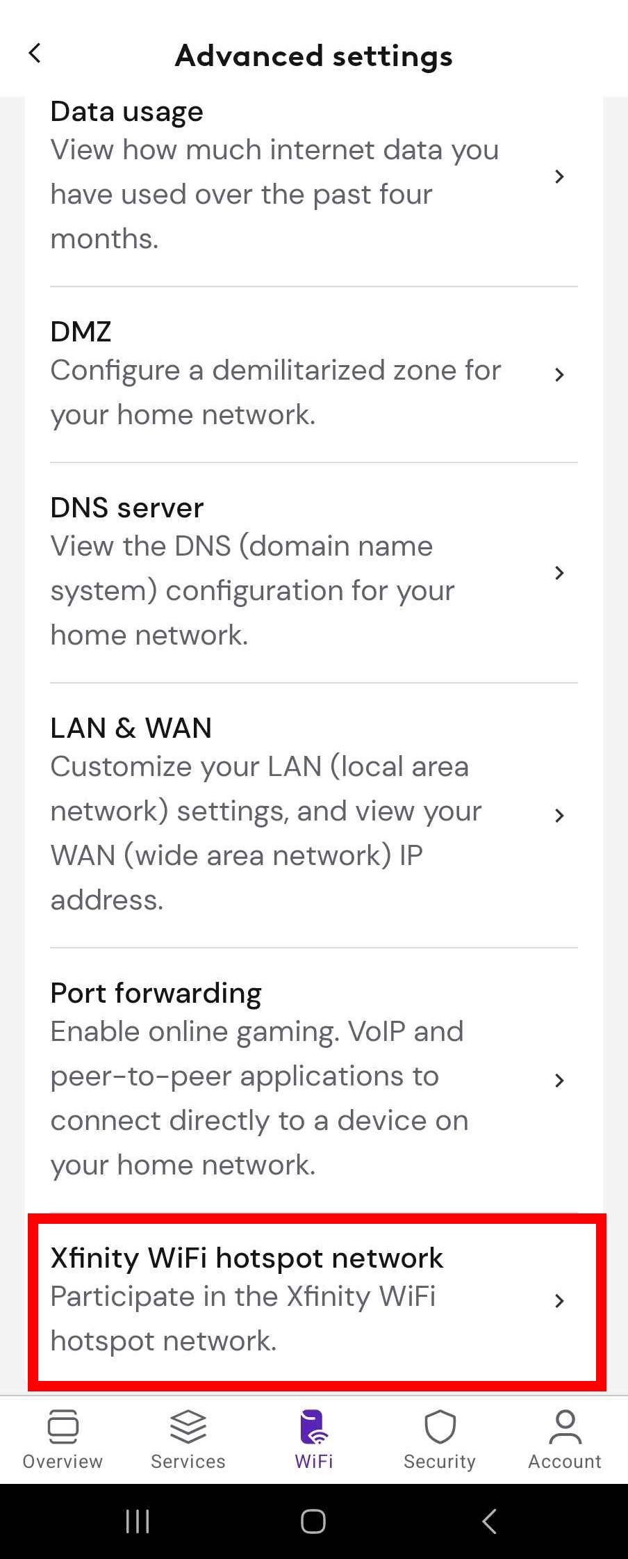 Red rectangular outline highlights the “Xfinity WiFi Hotspot” network option in the advanced settings of the Xfinity app