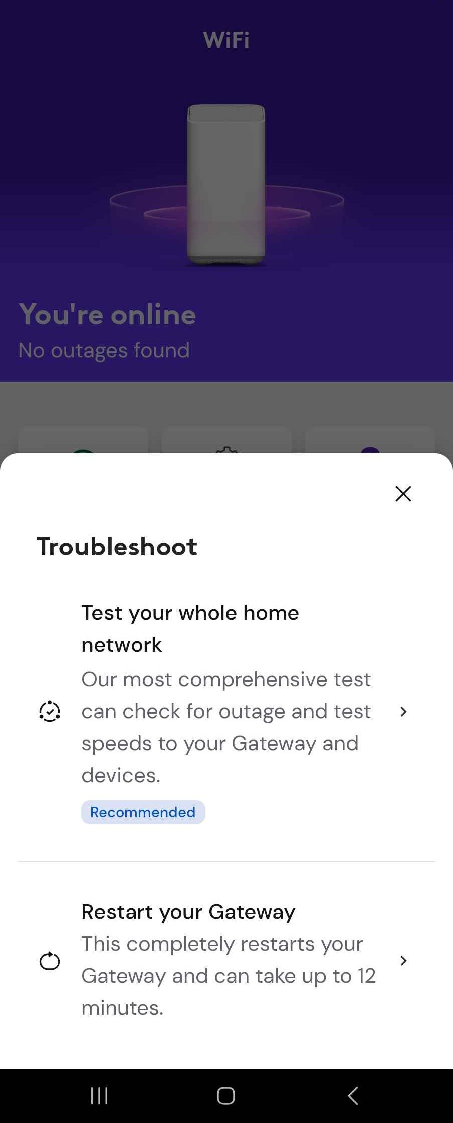 Selectable troubleshooting options for your Xfinity Gateway