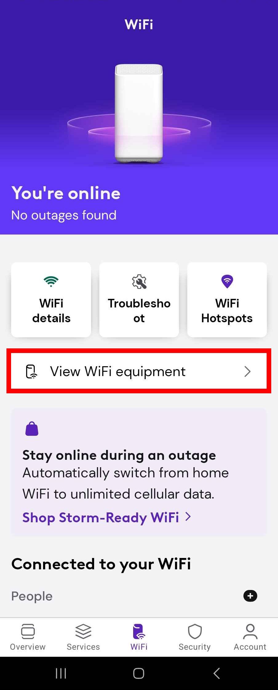 Red rectangle outline highlights the “View Wi-Fi Equipment” option in the Xfinity app