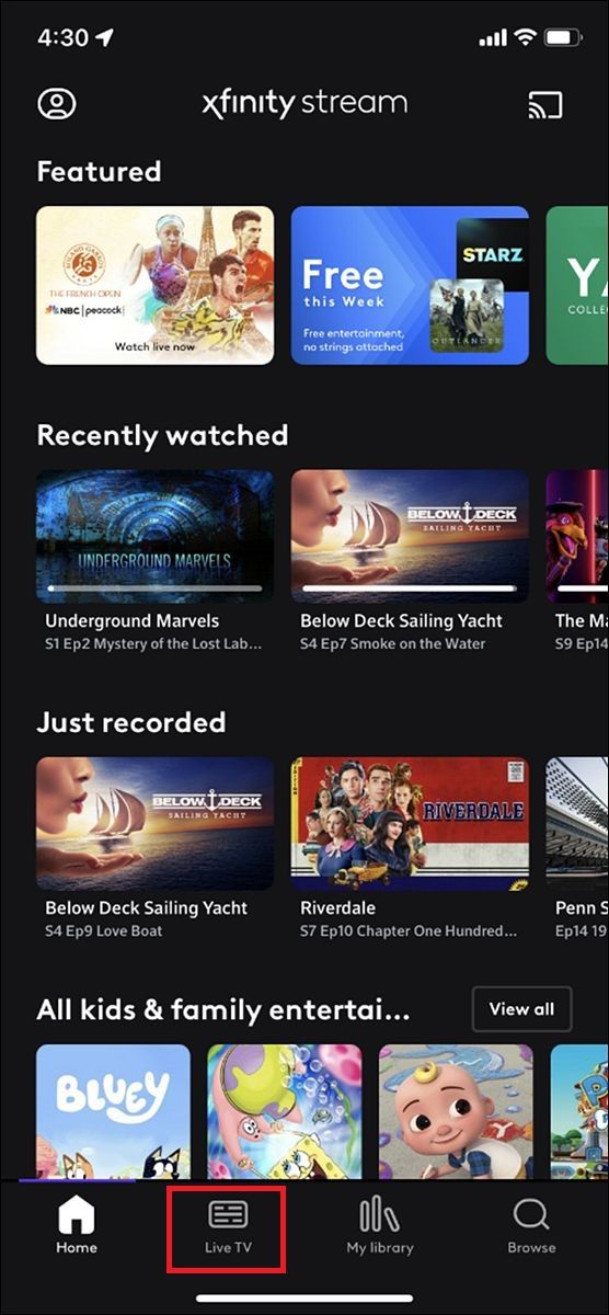 Screenshot highlighting live TV in the Xfinity Stream app
