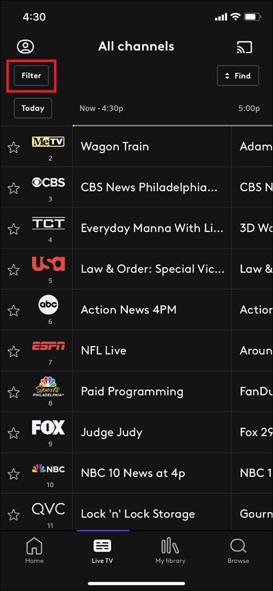 Screenshot highlighting filters in the Xfinity Stream app