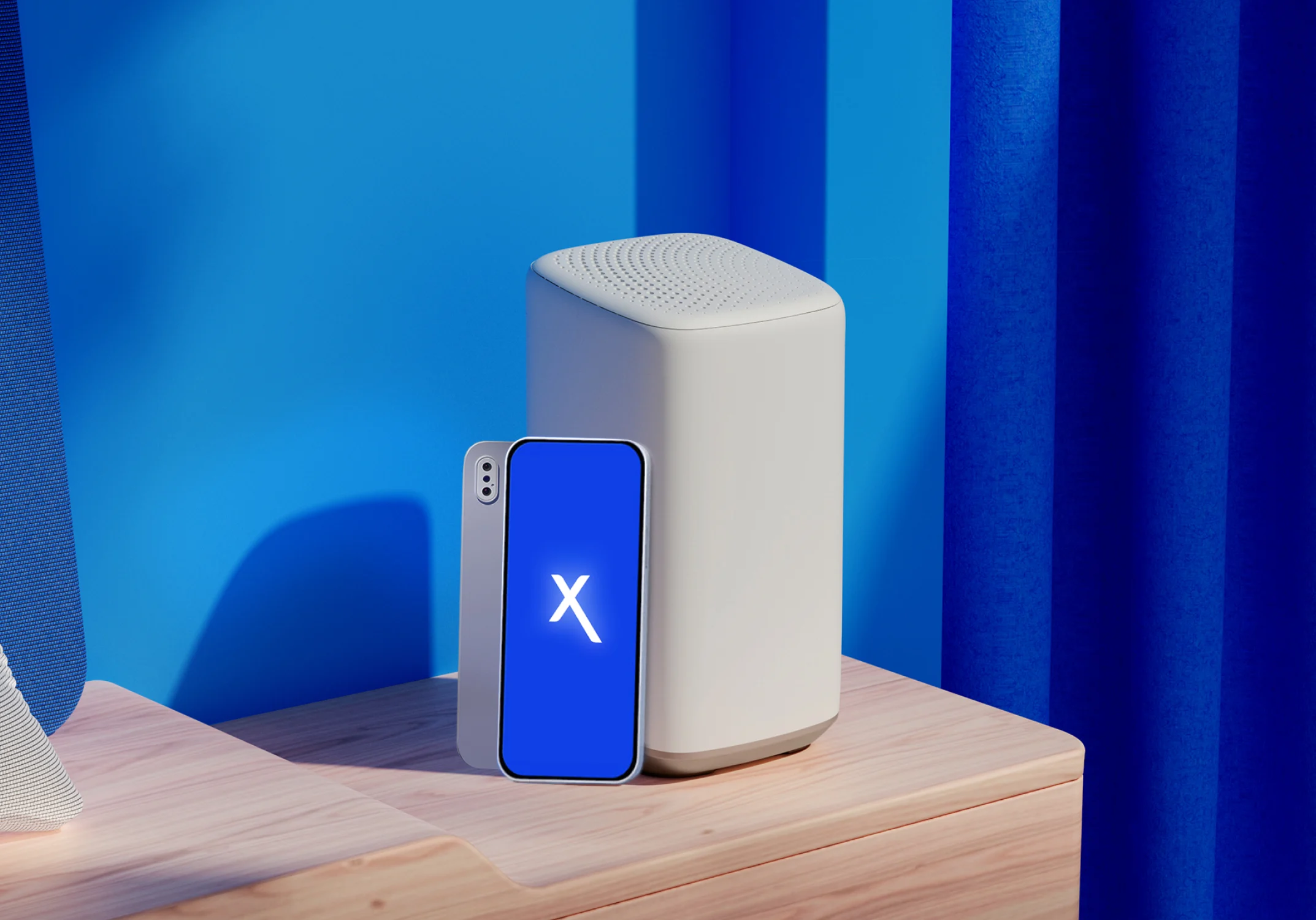 A white Xfinity modem on a wooden surface next to a smartphone with a blue screen showing a "X" Logo.