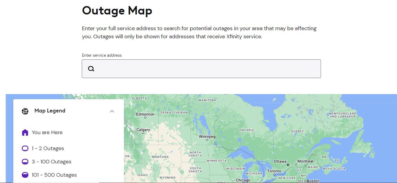 Screenshot showing the Xfinity outage map