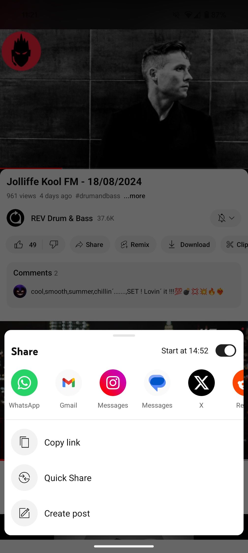 A screenshot of the YouTube mobile app showing the new time stamp in the share sheet