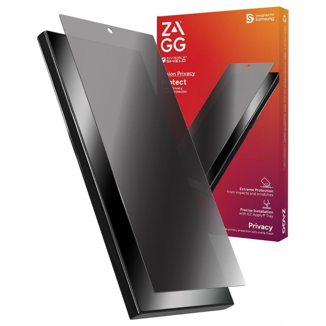 screen protector on top of black android phone in front of red box