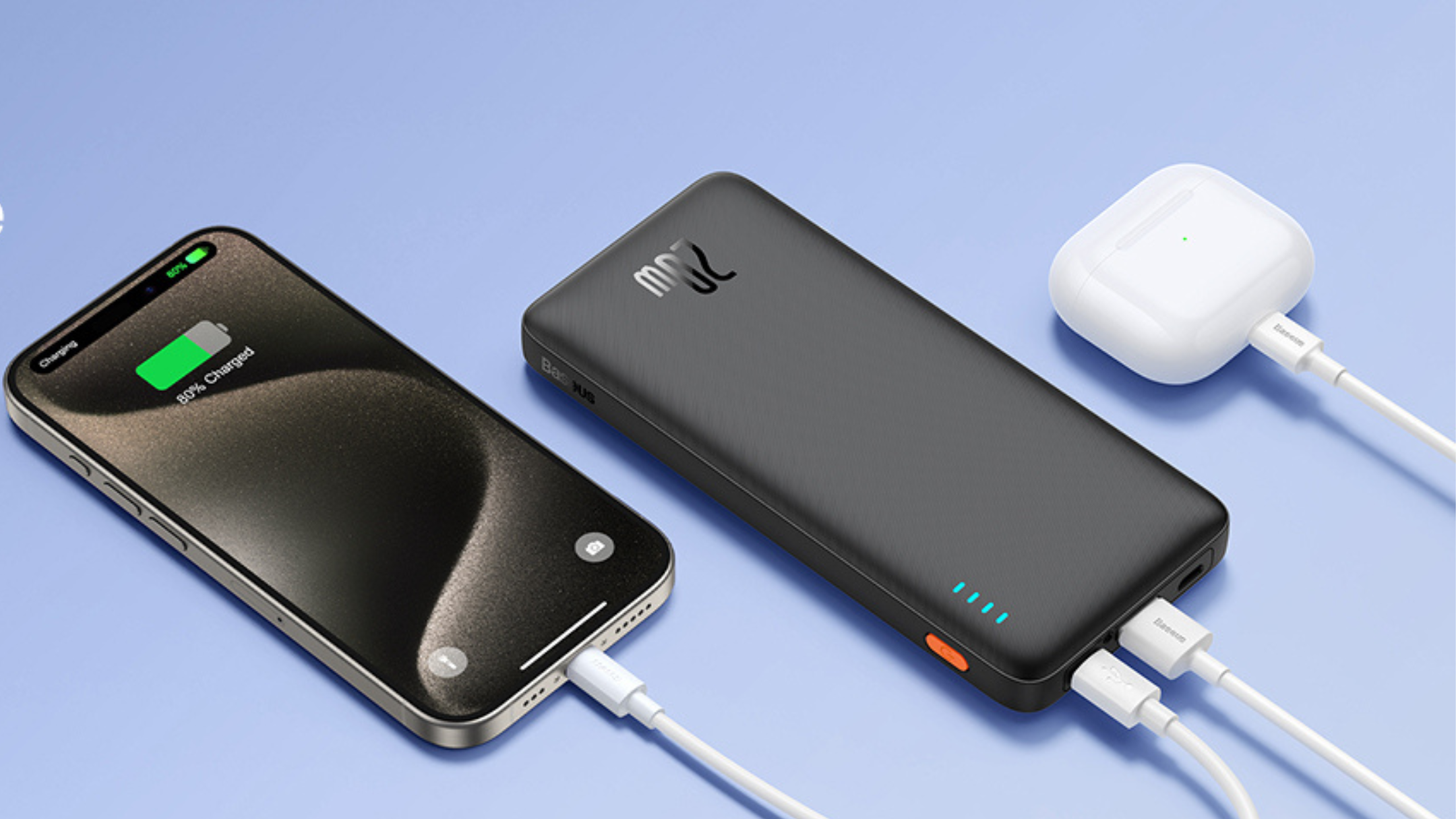 Baseus Portable Charger connected to phone and earbuds