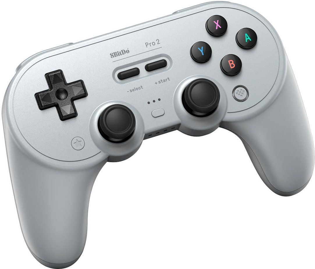 8bitdo pro 2 gamepad in gray set against a white background