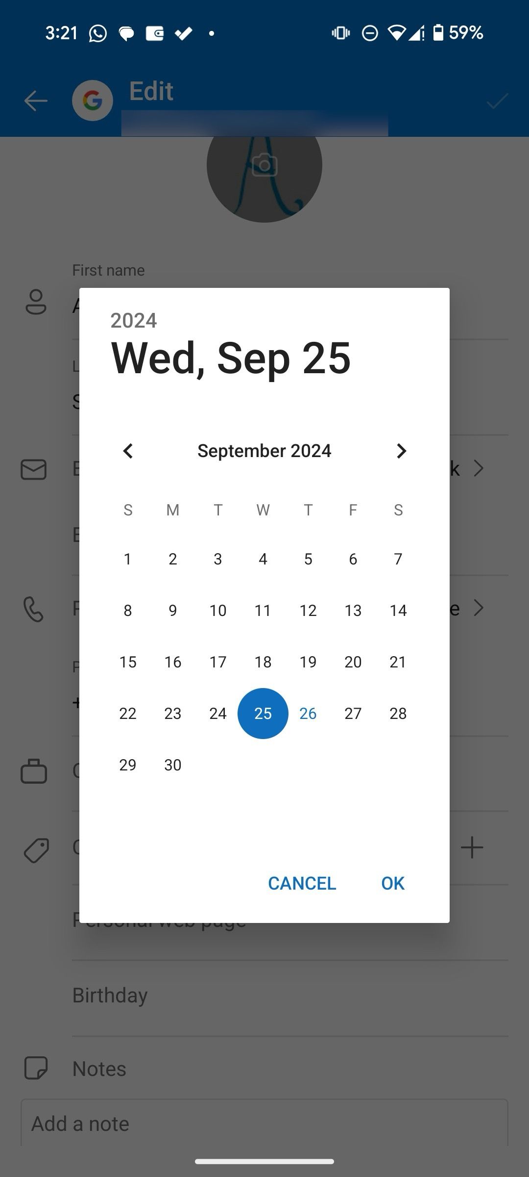 birth date picker in Outlook mobile app