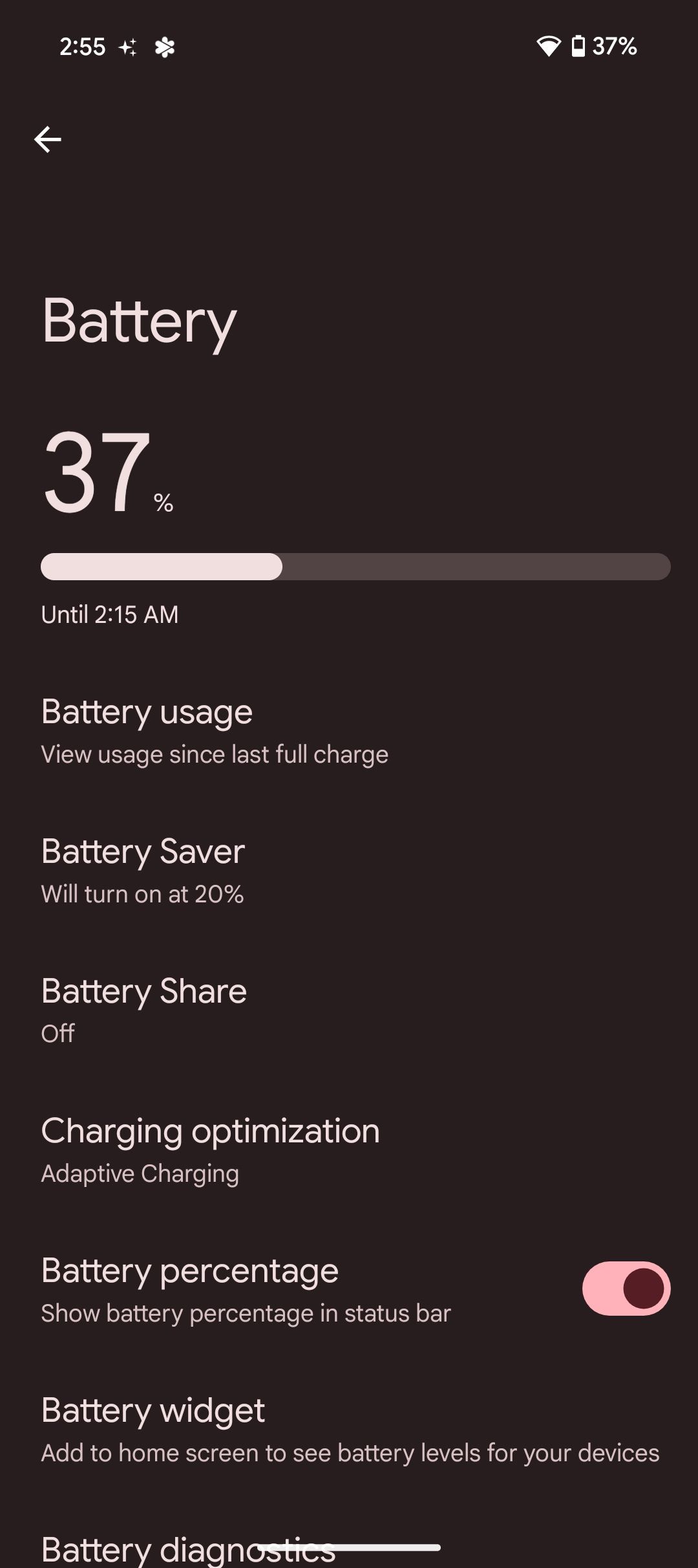 Screenshot showing Android 15 battery settings on Pixel 9