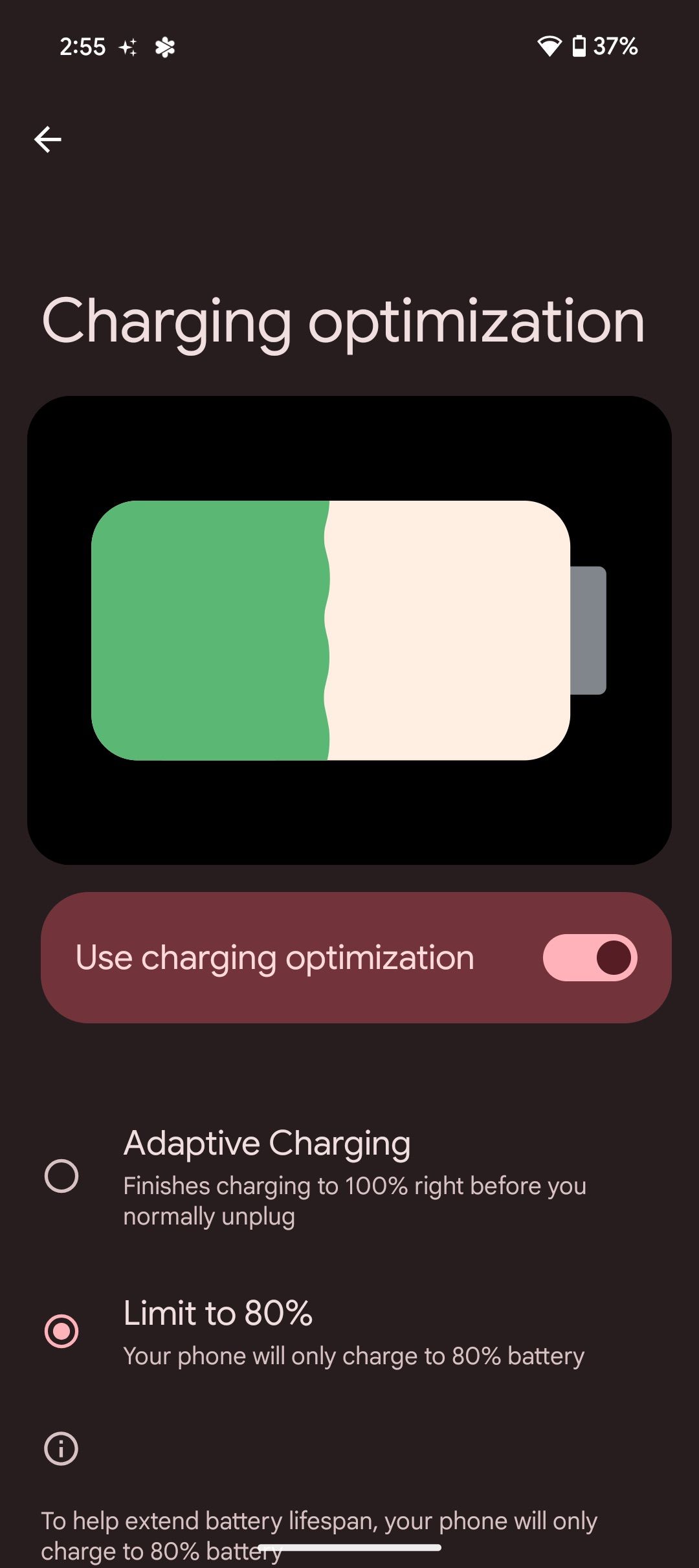 Screenshot showing battery charging optimizations in Android 15 on Pixel 9