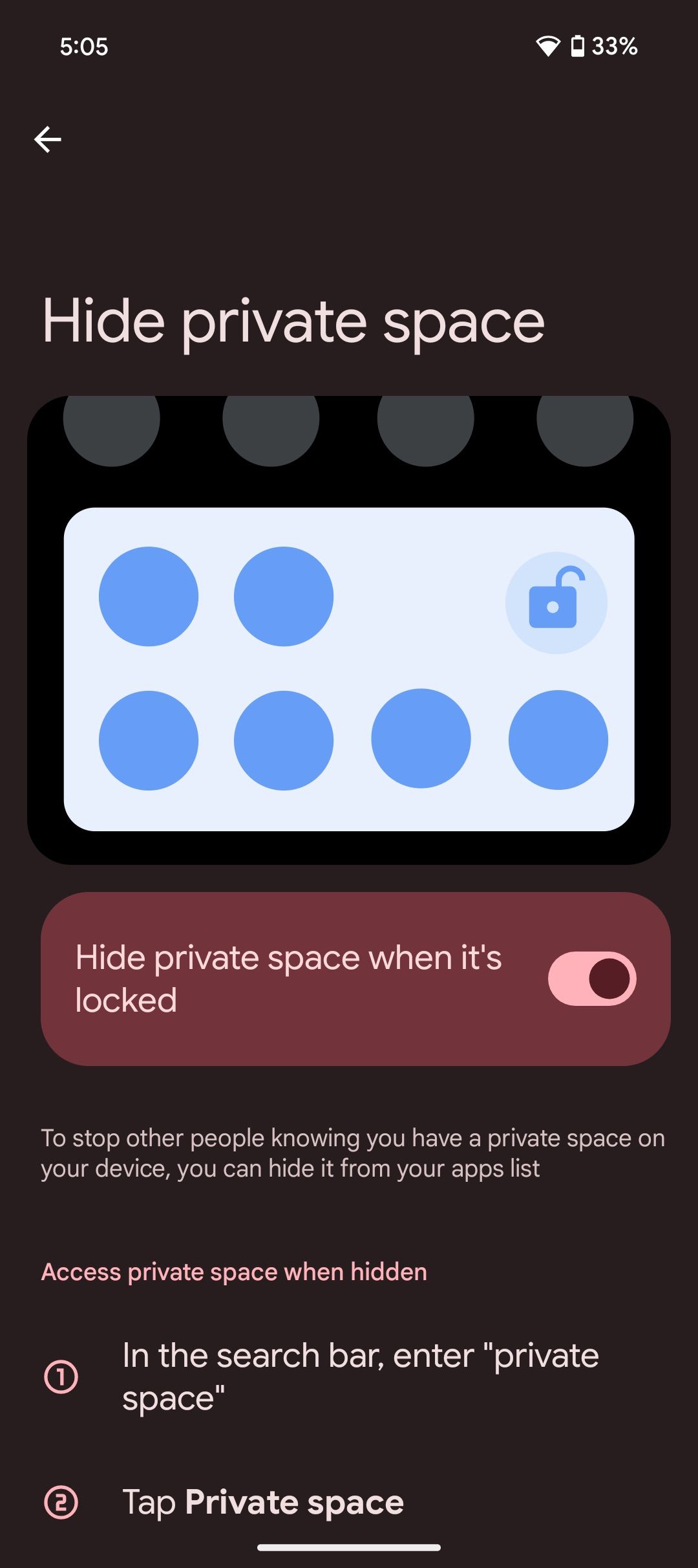 Screenshot of hiding private space page in Android 15 on Pixel 9