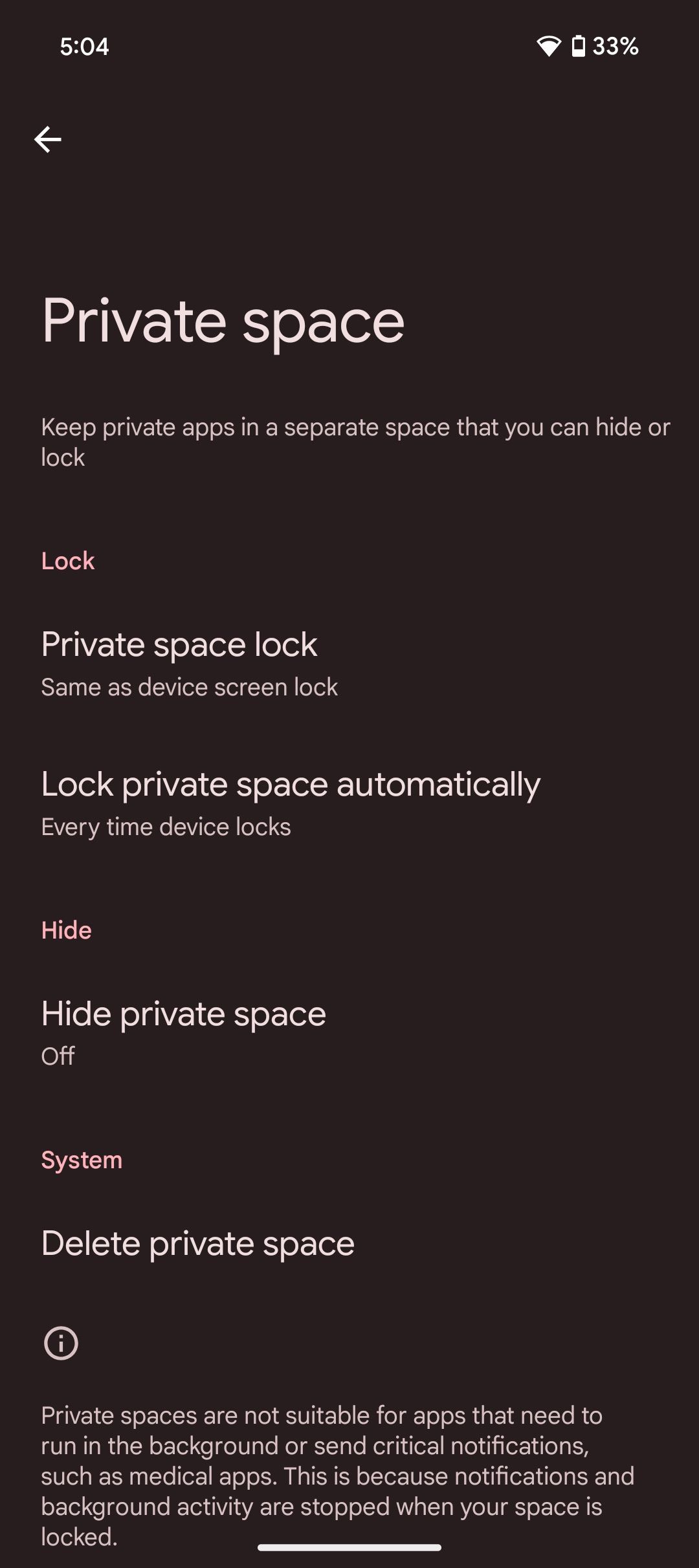 Screenshot showing Android 15's Private Space lock page on Pixel 9