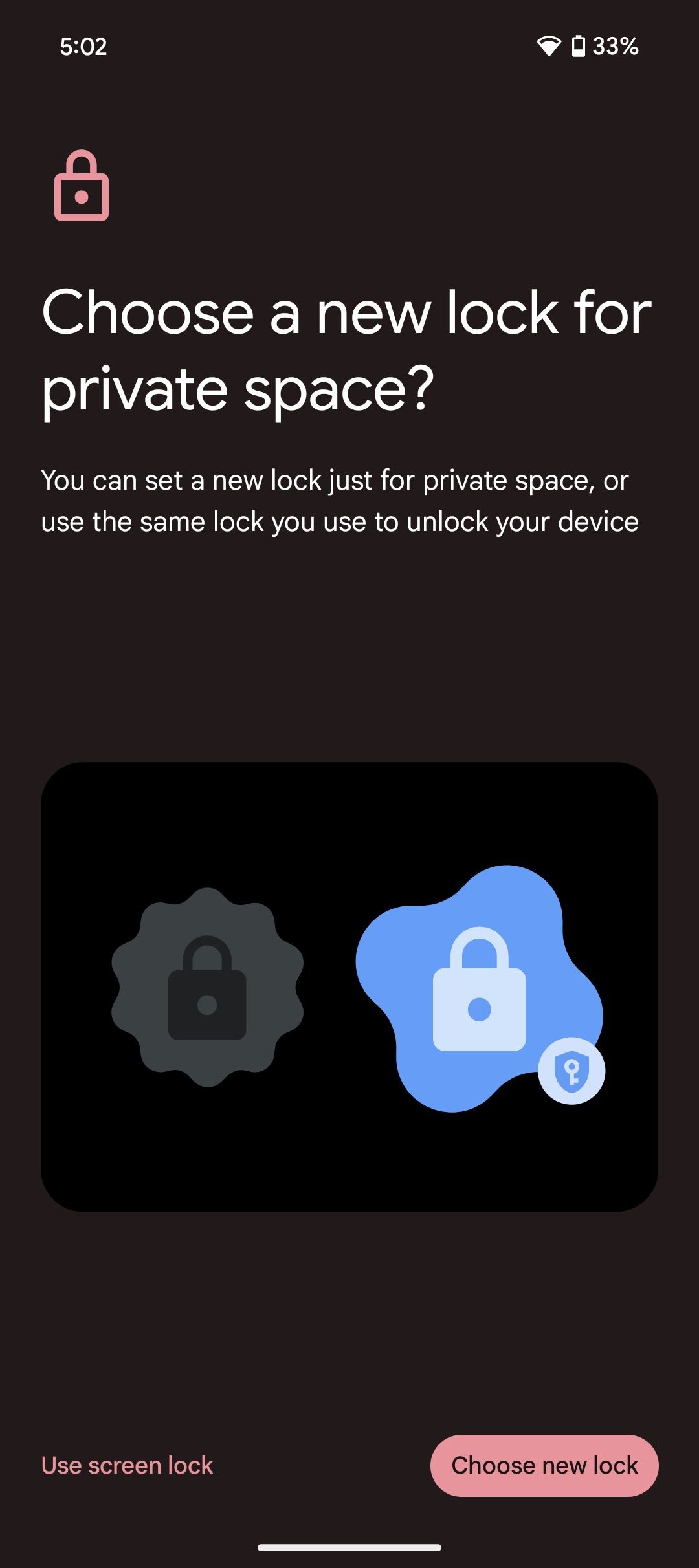 Screenshot showing creating a new private space lock page in Android 15