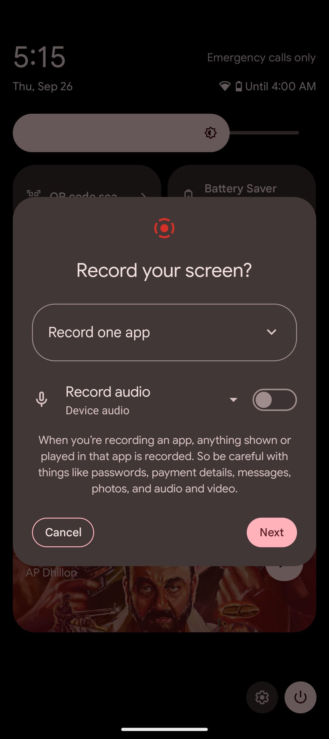 Screenshot showing the recording quick tile in Android 15