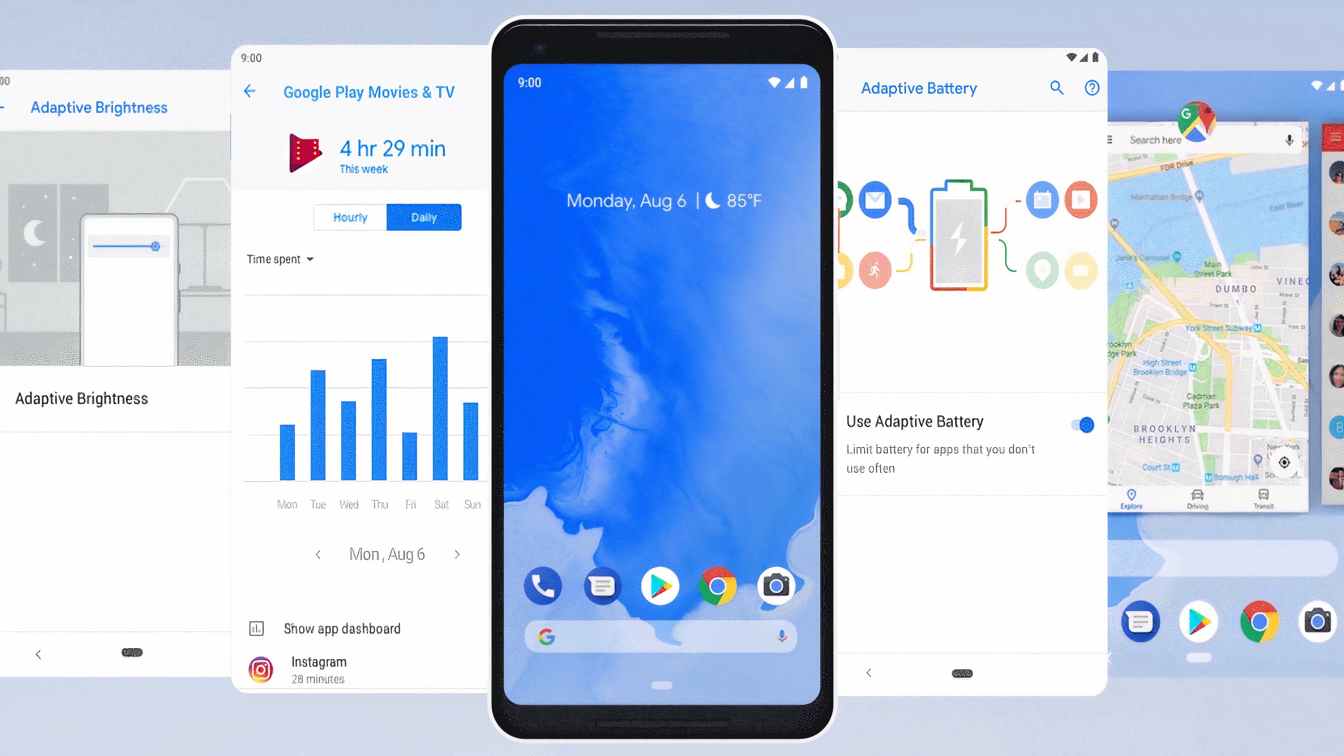 A promotional image of Android 9 Pie screens against a blue background