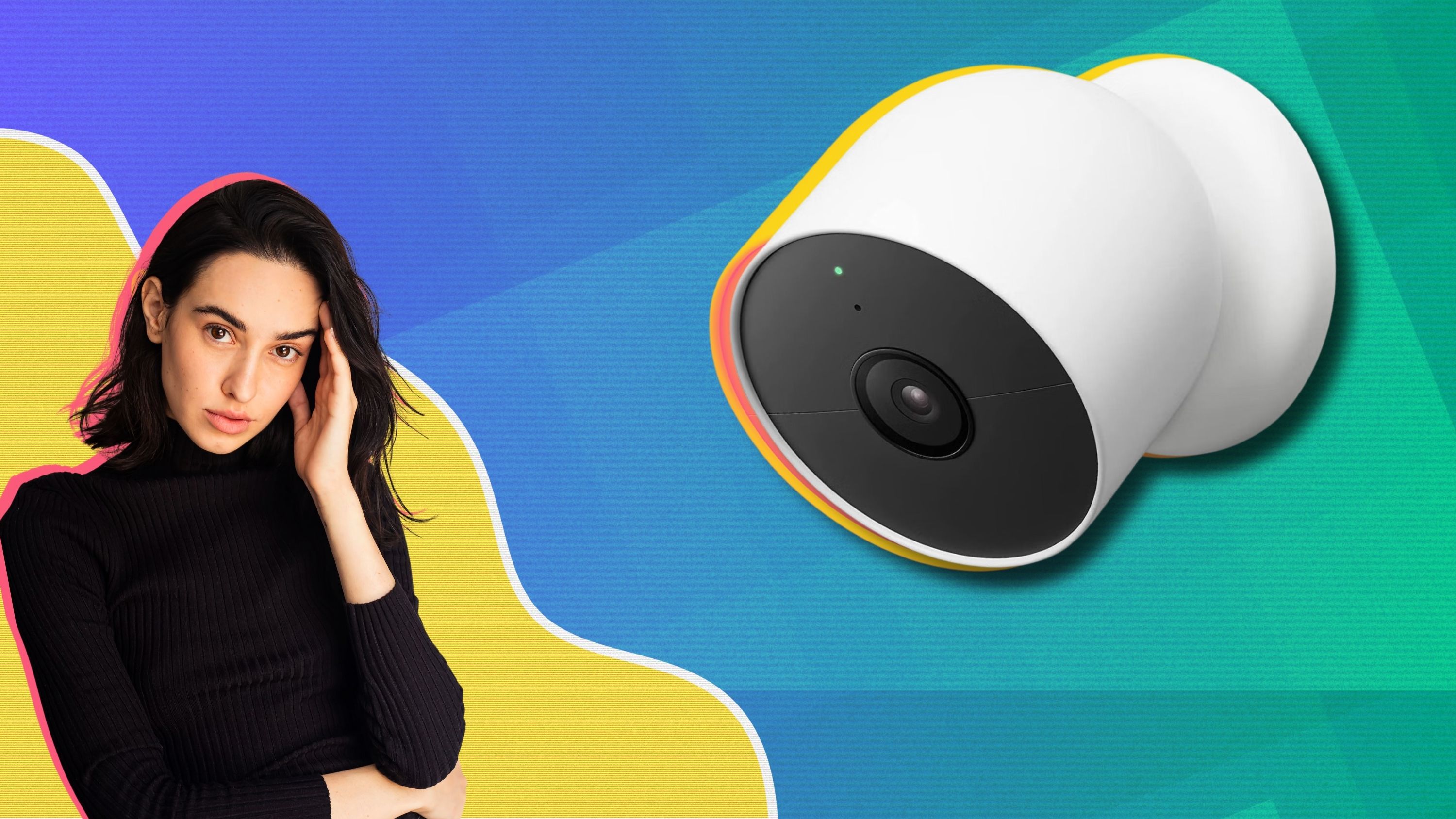 Google Nest Cam along with a worried girl on a colorful gradient background