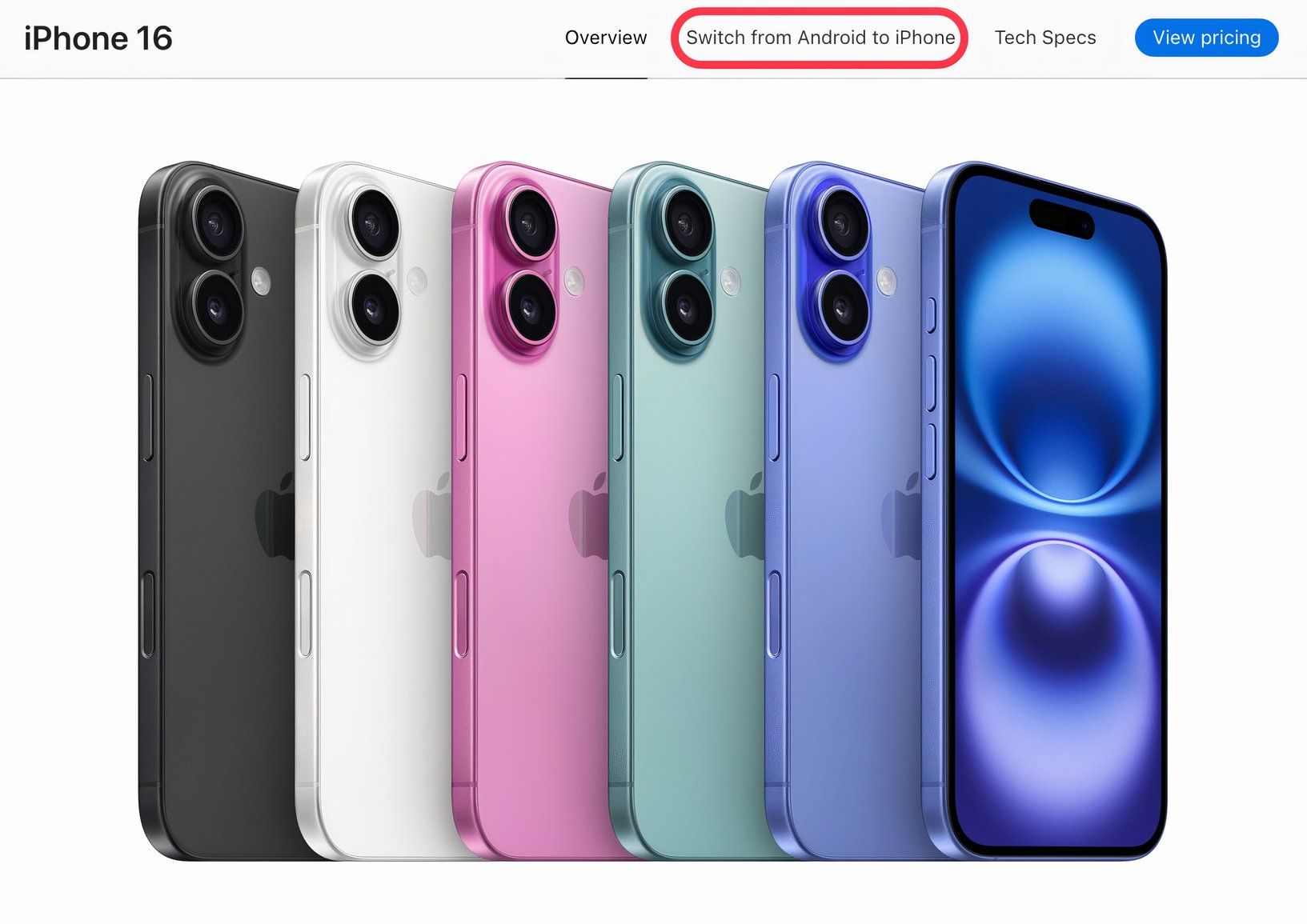 Image highlighting the switch from Android section on the iPhone 16 page