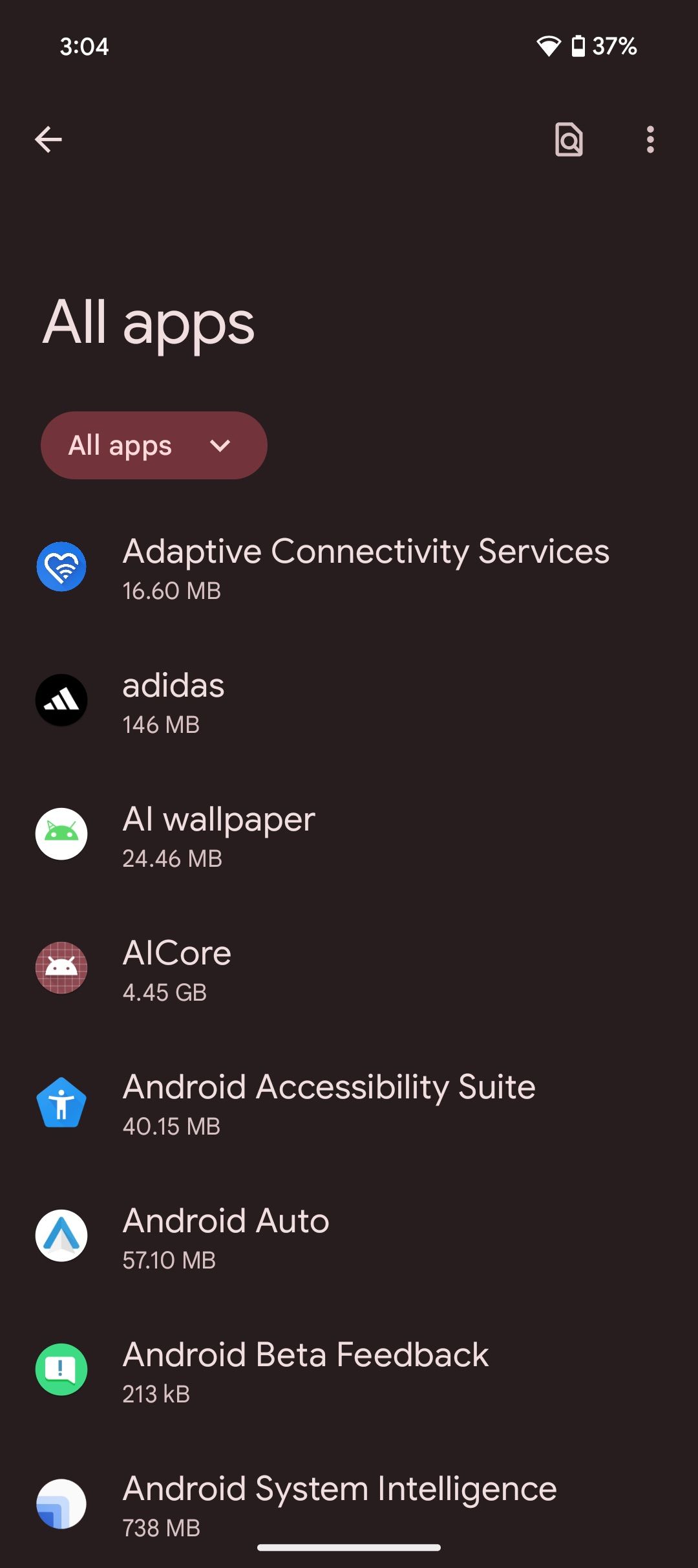 Screenshot showing a list of all apps on Pixel 9