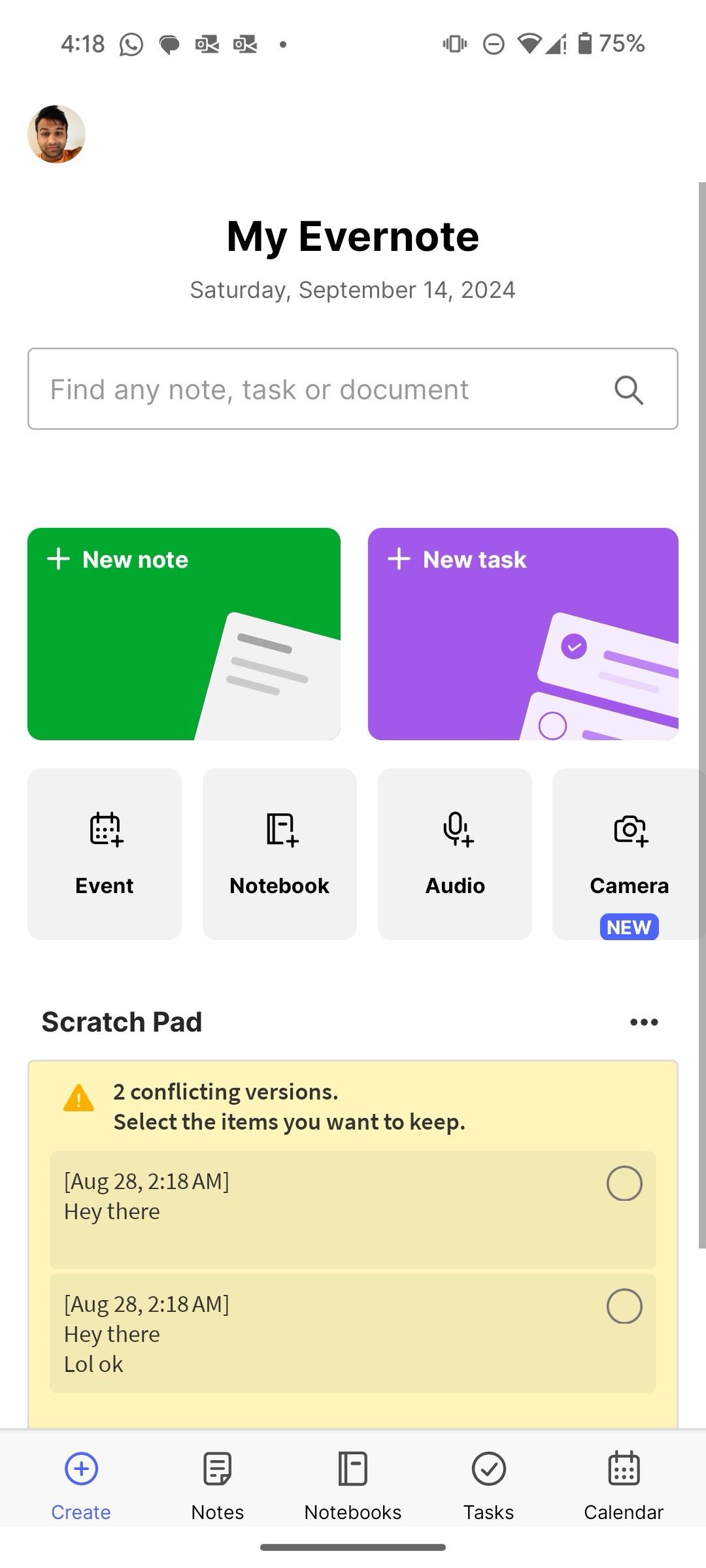 Open home menu in Evernote