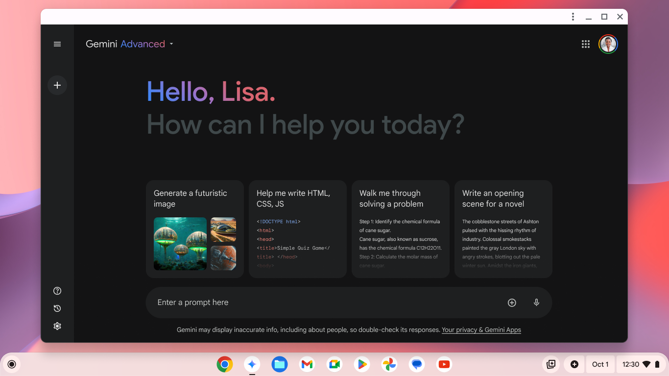 Chromebook screenshot pwa Gemini Advanced