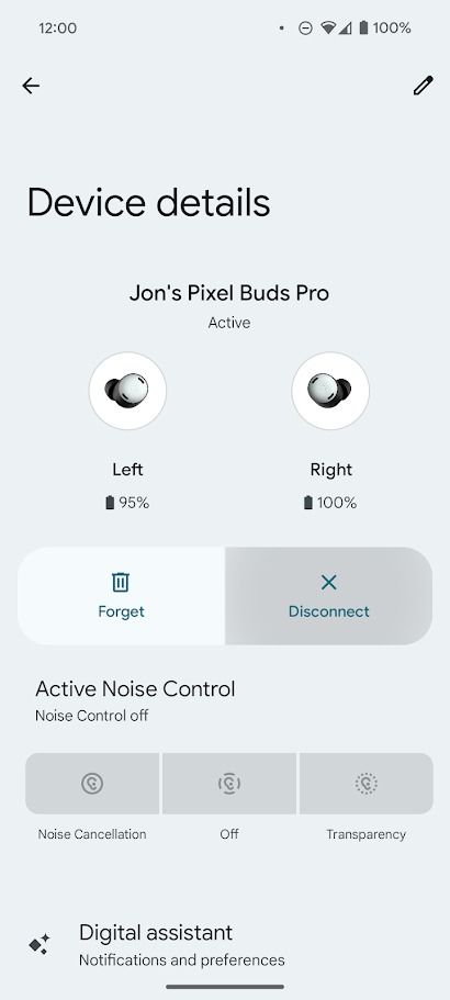 details of connected pixel buds pro on android