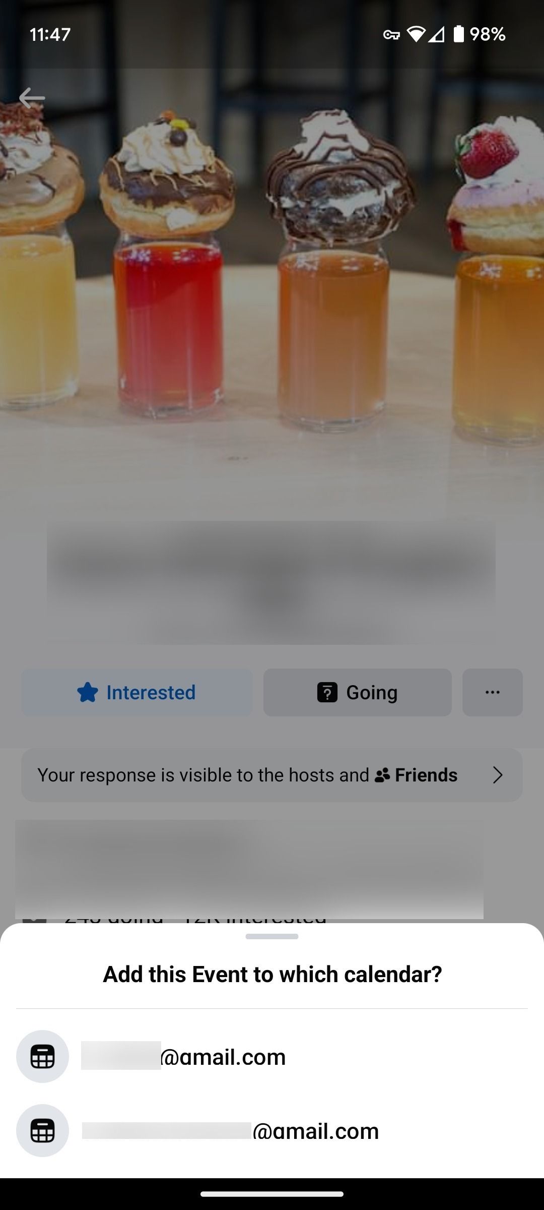 Selecting a calendar to add an event to in the Facebook Android app