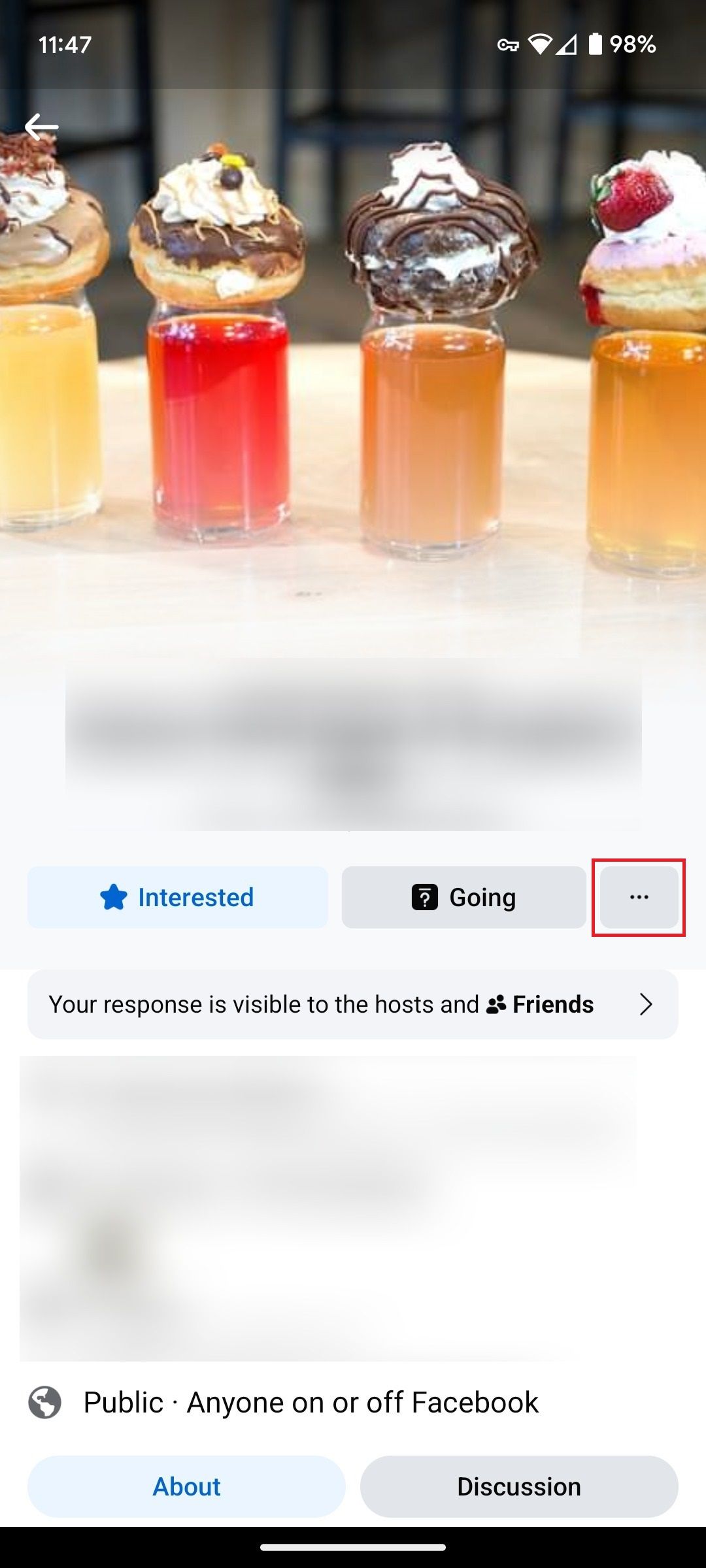 The page for an event in the Facebook Android app with a red box around the more button