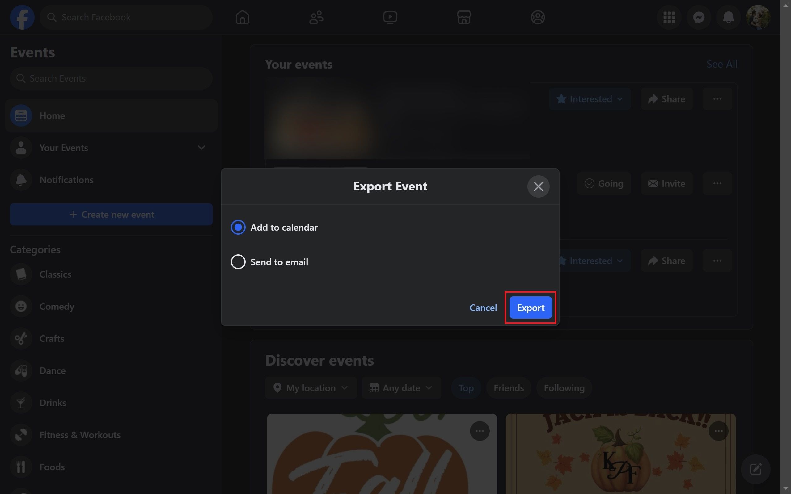 The Export Event dialog box on the Facebook website with a red box around the Export button