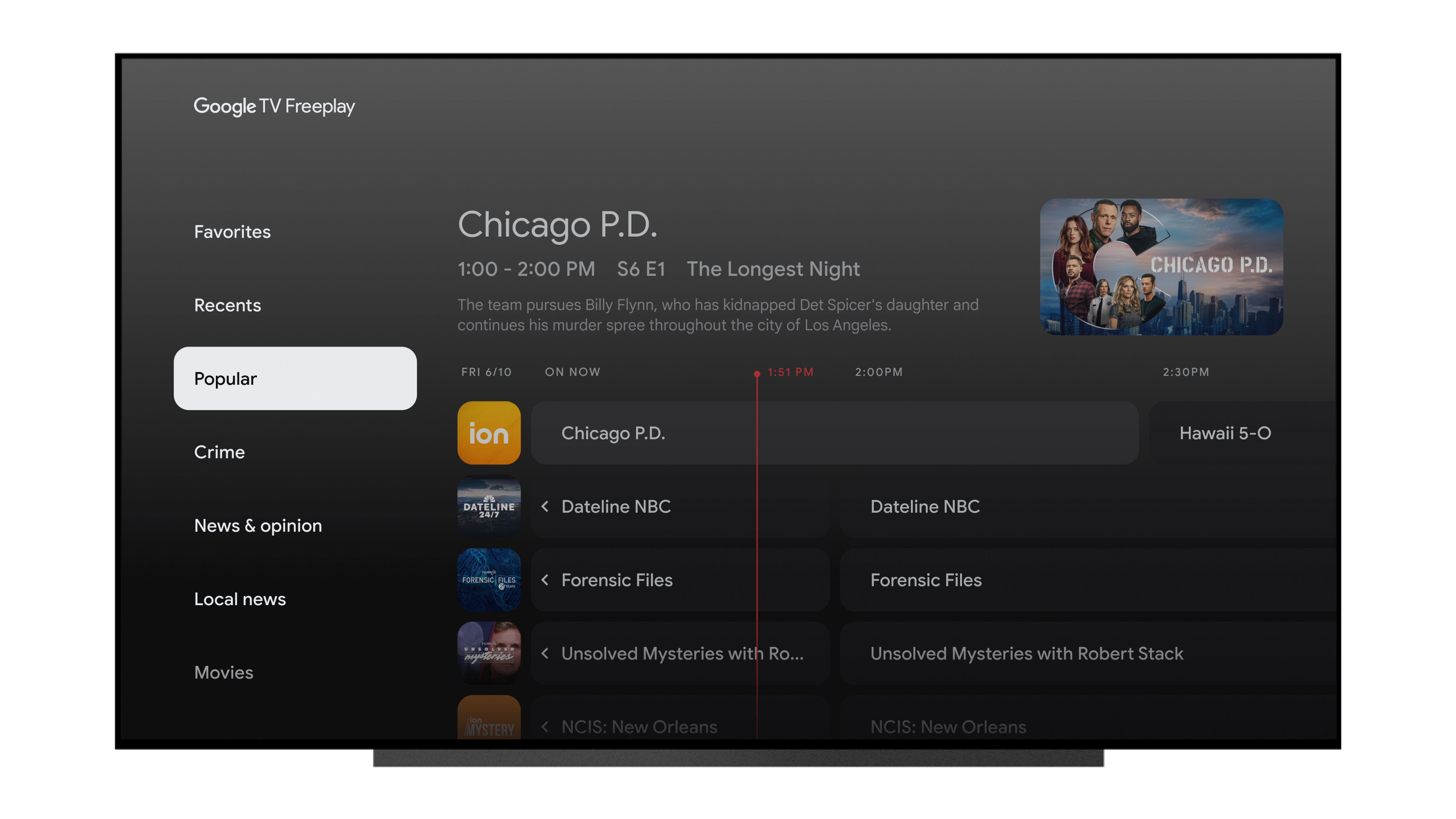 Screenshot of the Google TV Freeplay interface for free streaming TV channels.