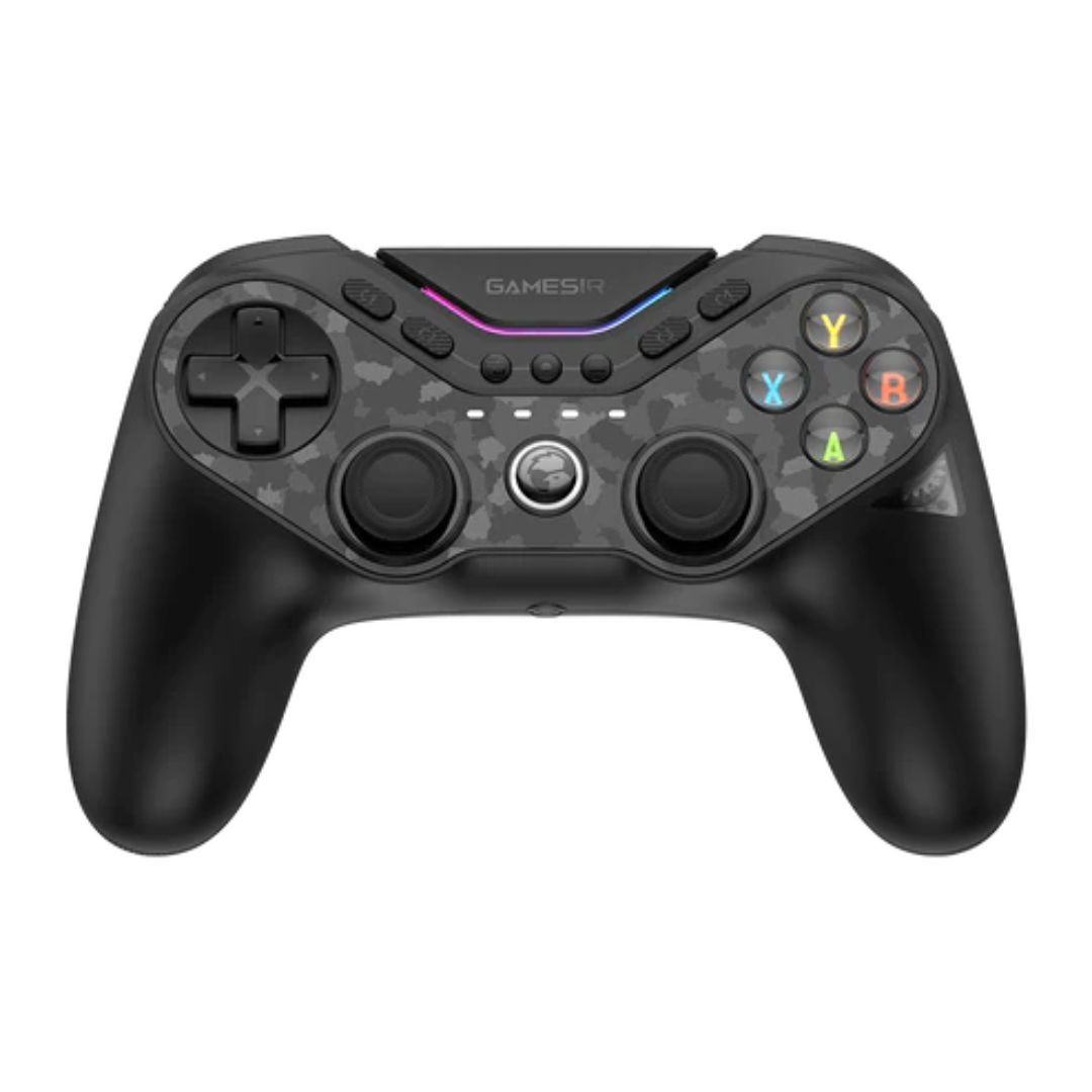 black controller with multicolored lights on white background