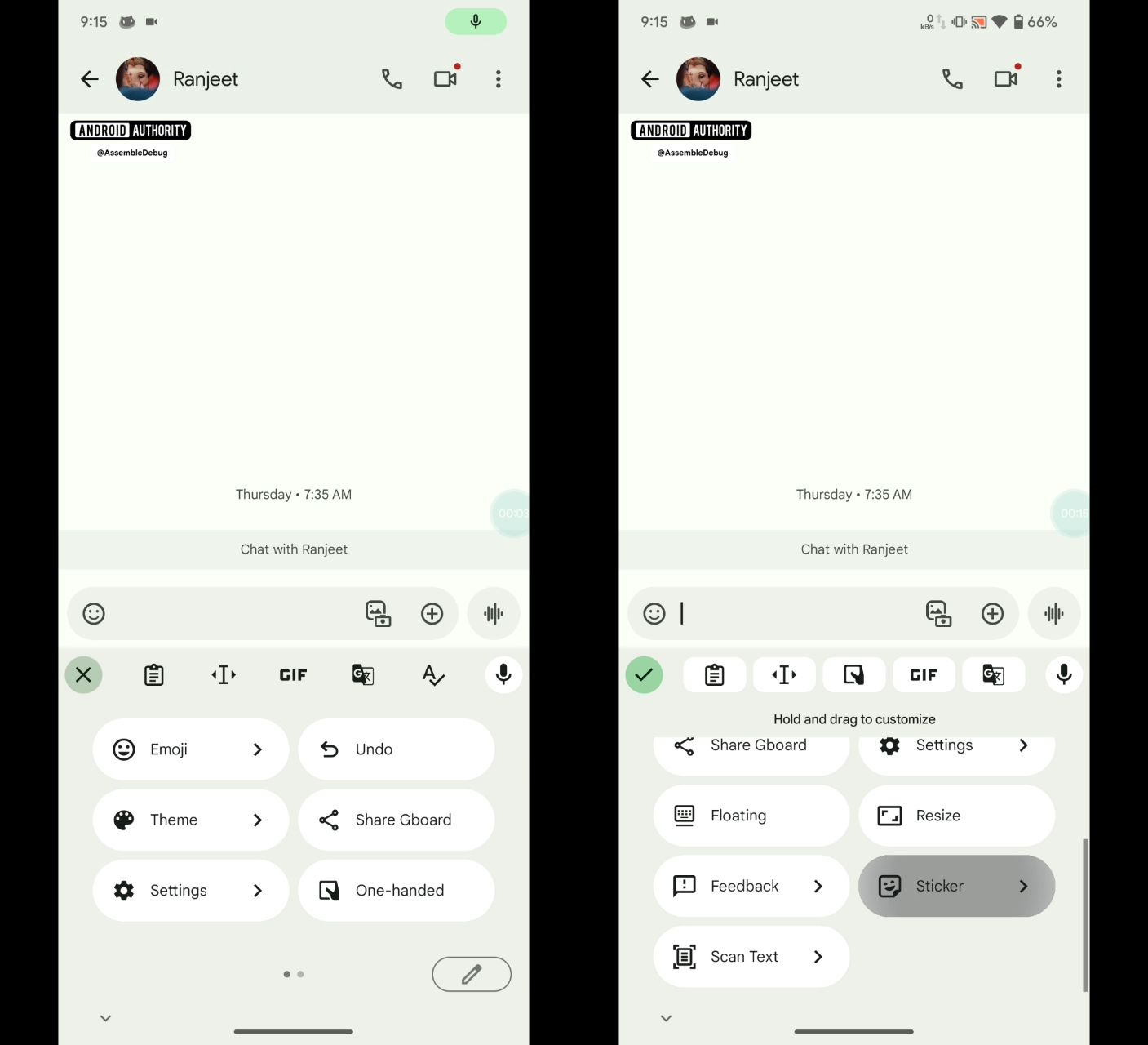 Screenshot's of Gboard's customization menu edit button.