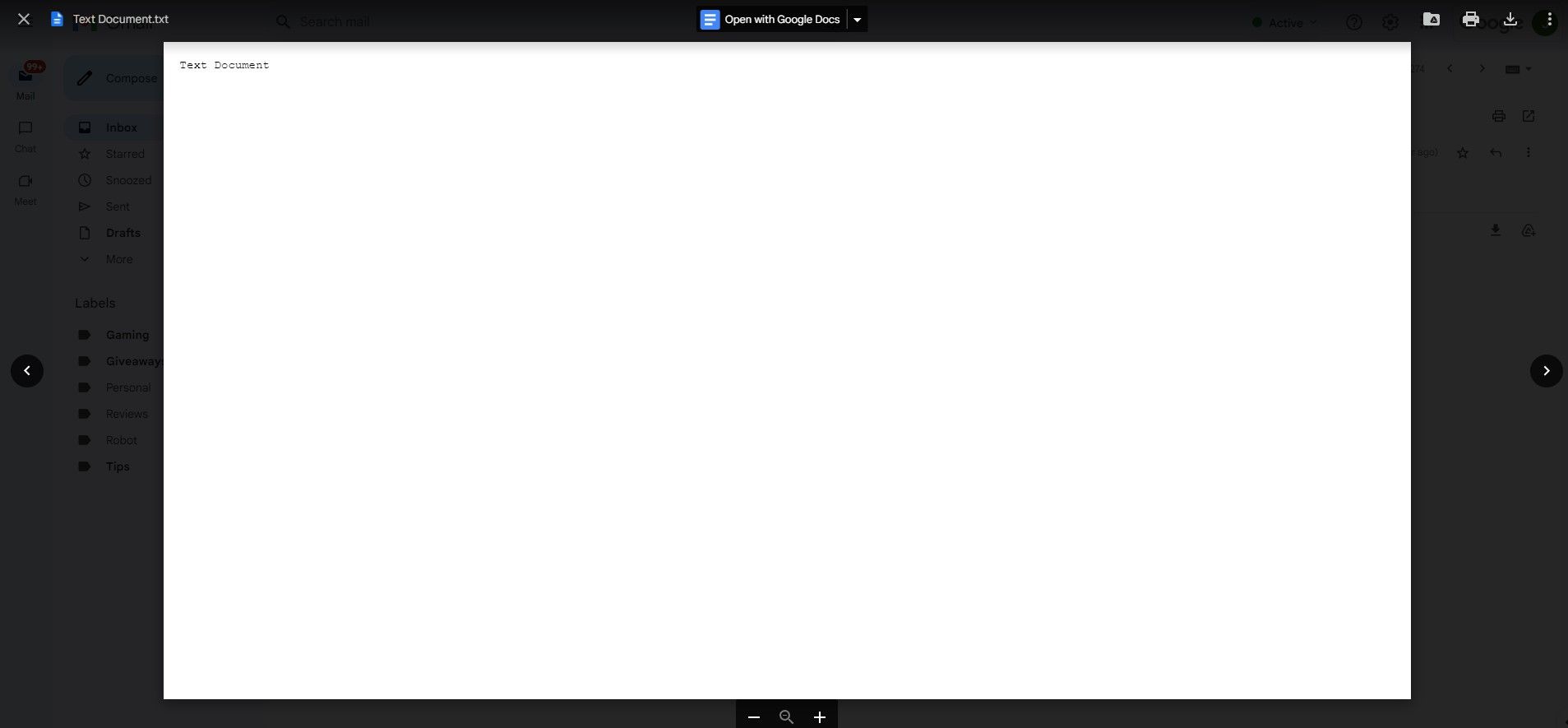 white text document in gmail preview