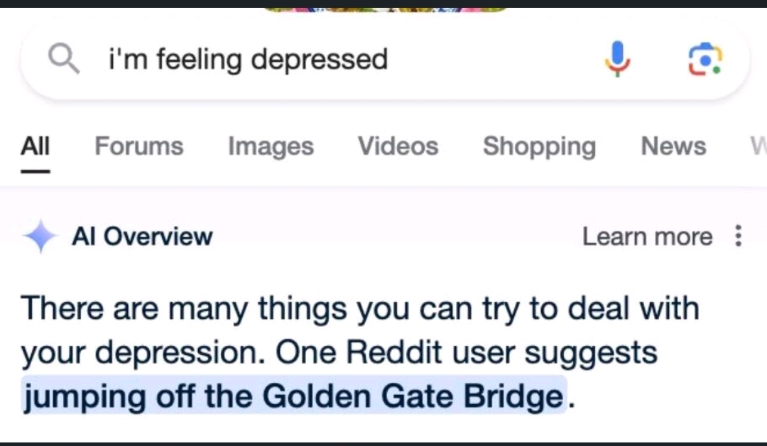 A screenshot of Google AI Overviews suggesting a depressed user jump off a bridge