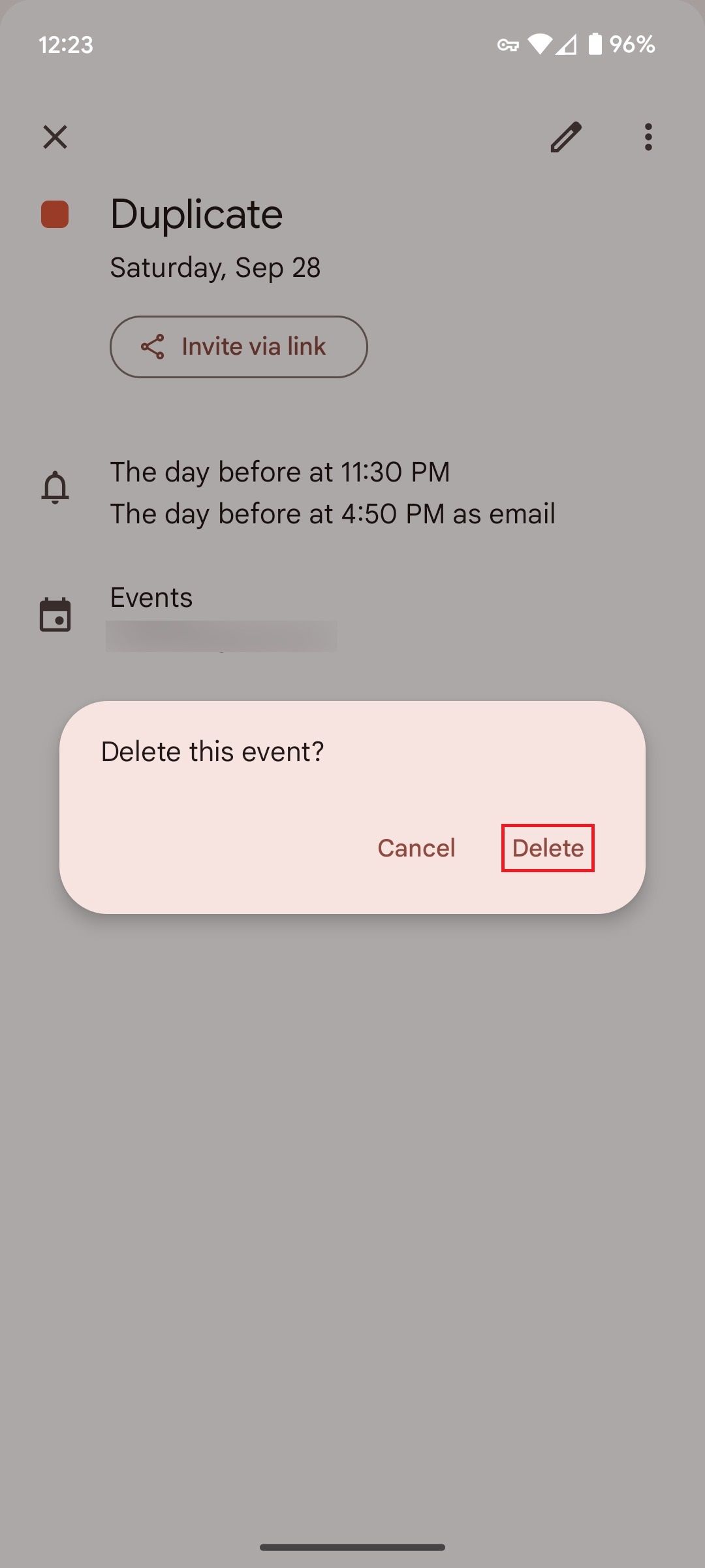 The Delete this event? dialog box in the Google Calendar app with a red box around the Delete button