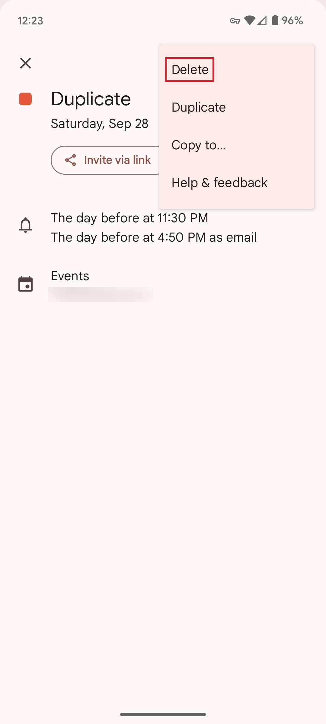 The menu for an event in Google Calendar with a red box around the Delete option