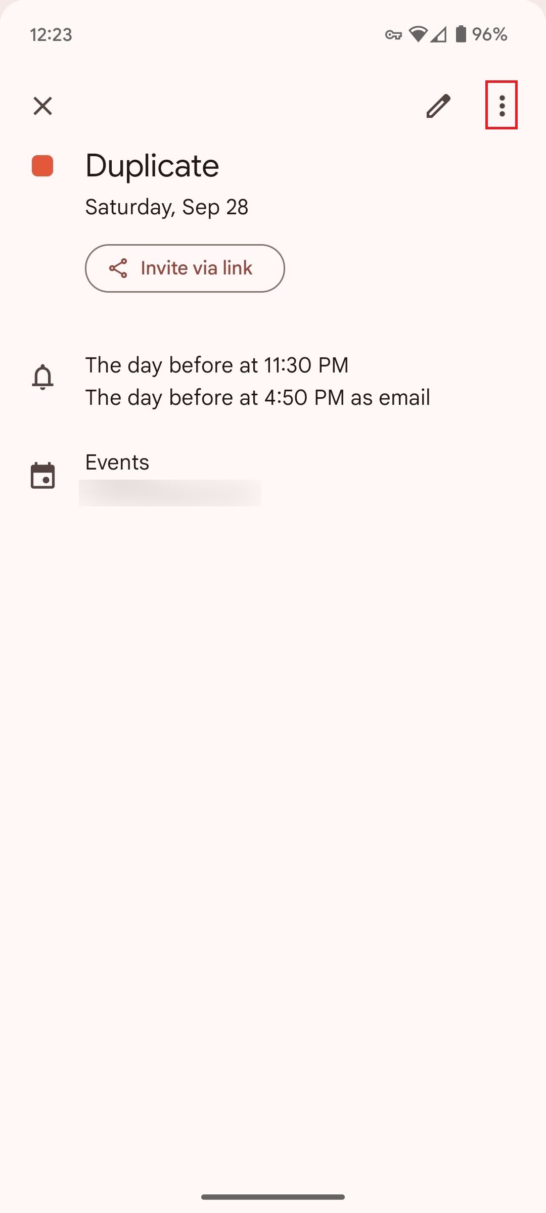 An event open in the Google Calendar app with a red box around the more button