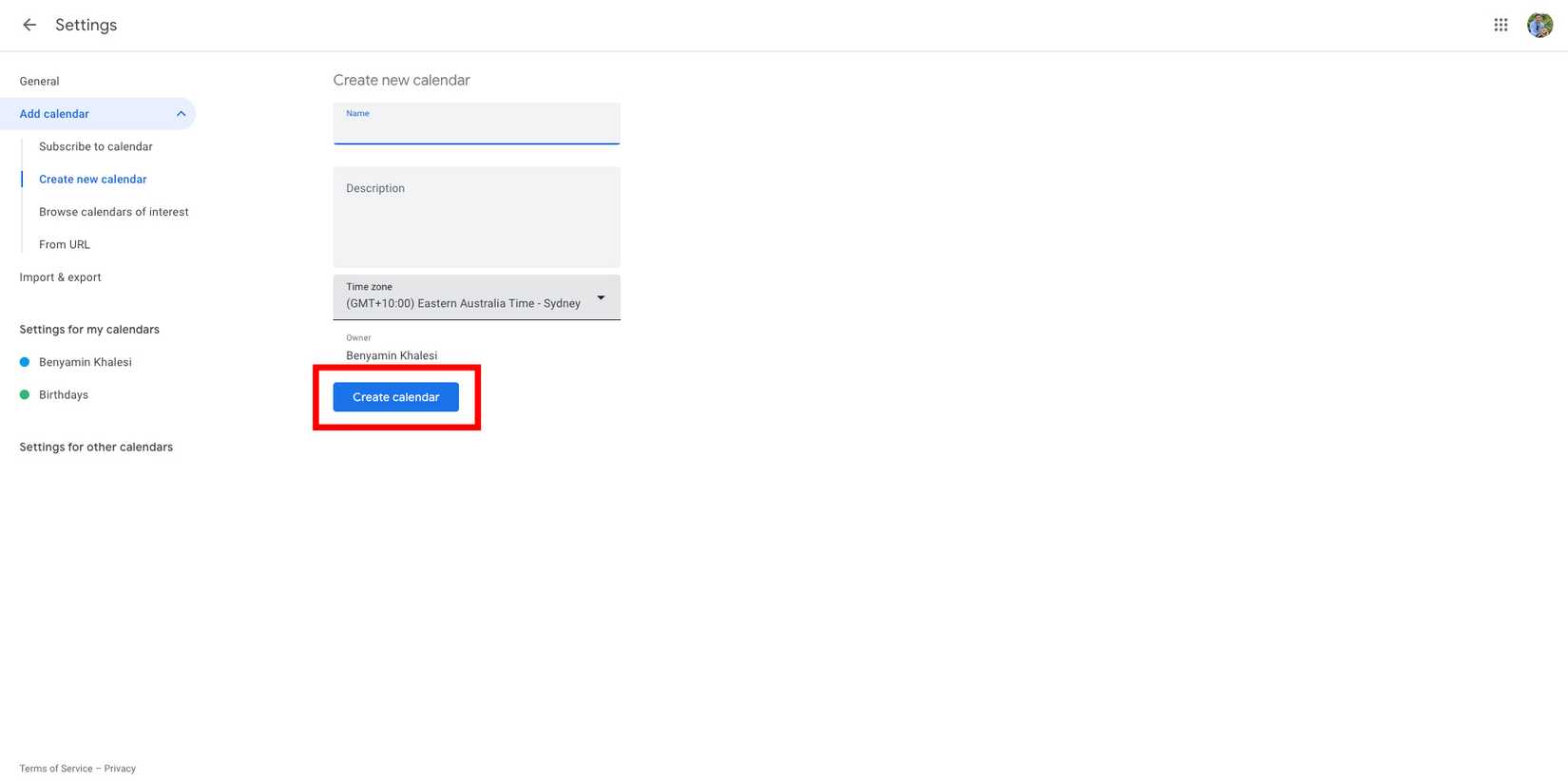 Google Calendar: How to create create a new calendar