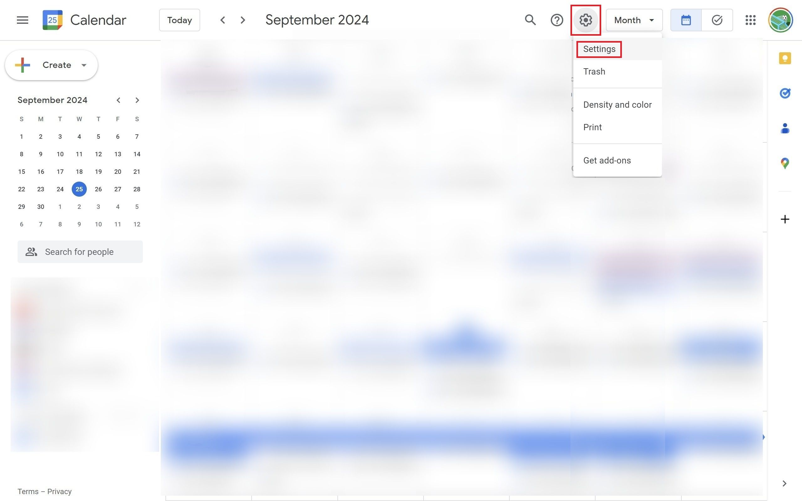 The Google Calendar website with the Settings menu open and a red box around the settings gear and settings option