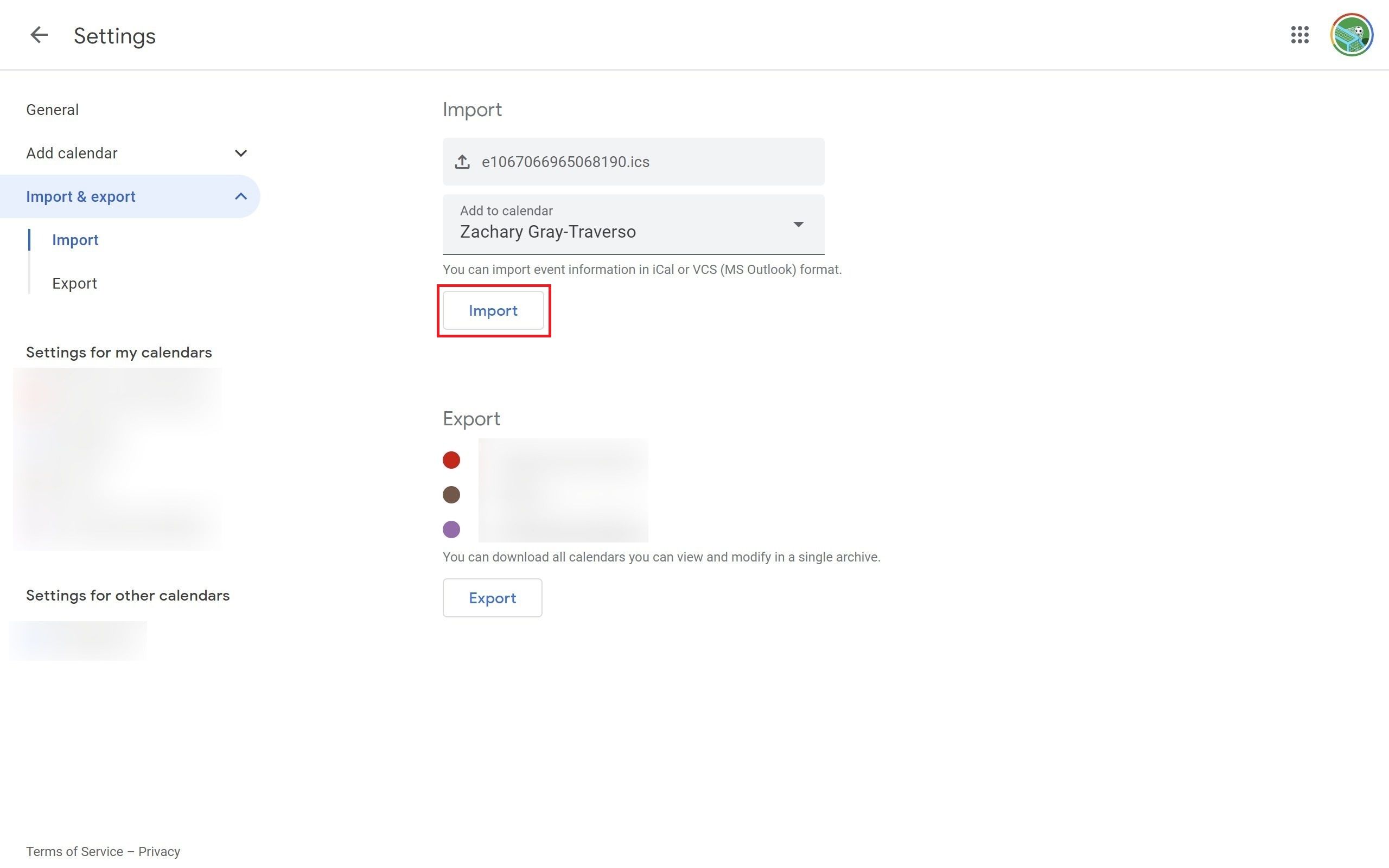 Import & export settings in Google Calendar with a red box around the Import button