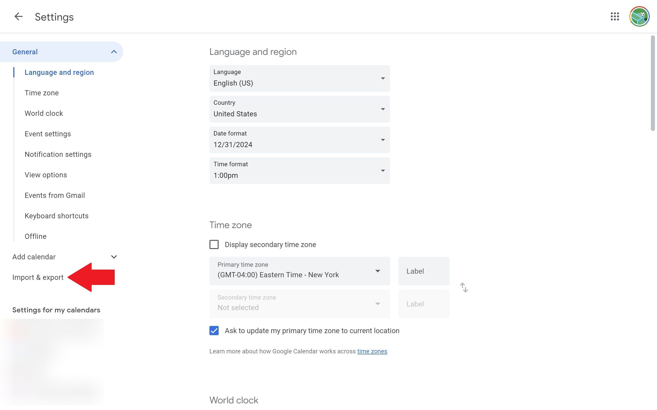 The Google Calendar website Settings menu with a red arrow pointing to the Import & export option