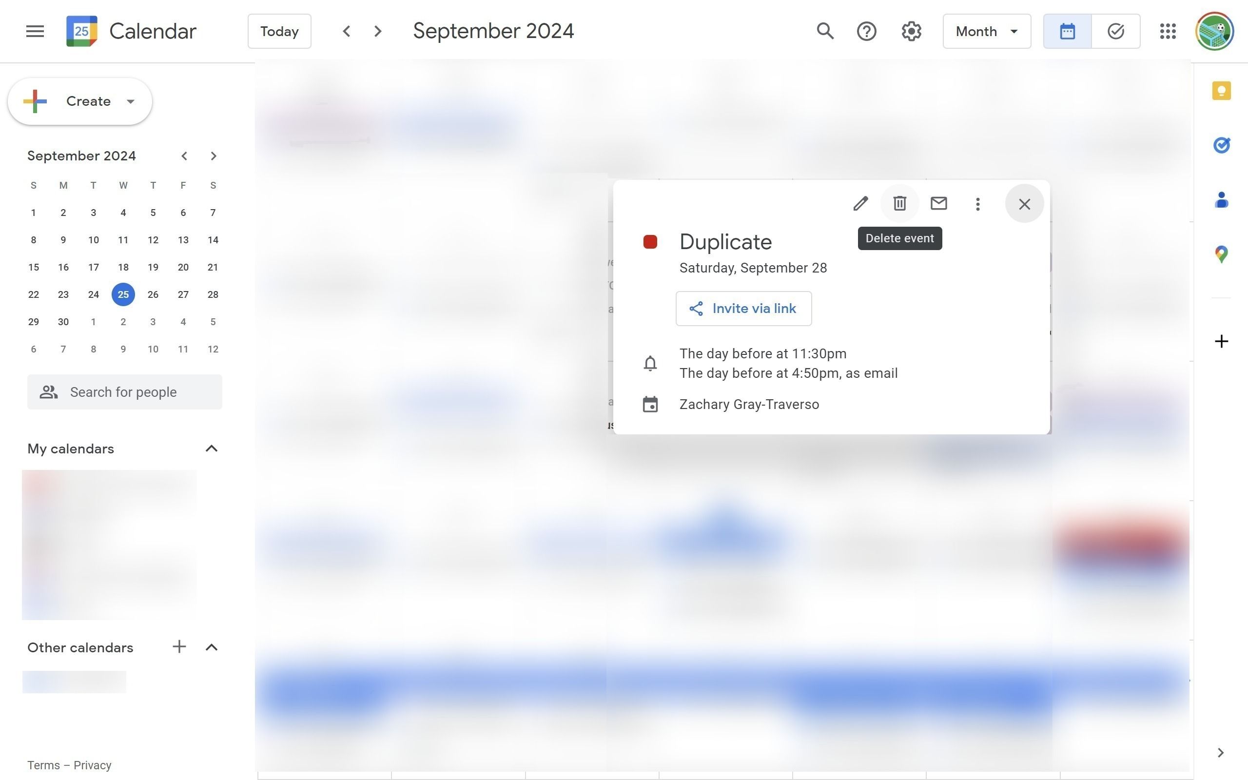 An event open on the Google Calendar website with a red box around the trash can icon