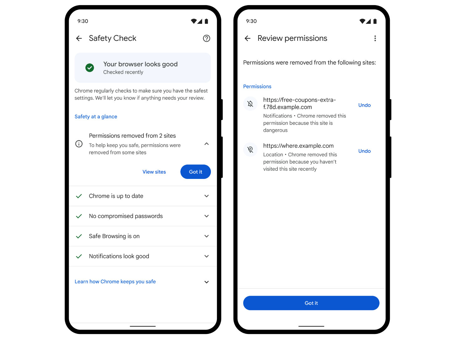 Screenshot's of Chrome's Safety Check on mobile.