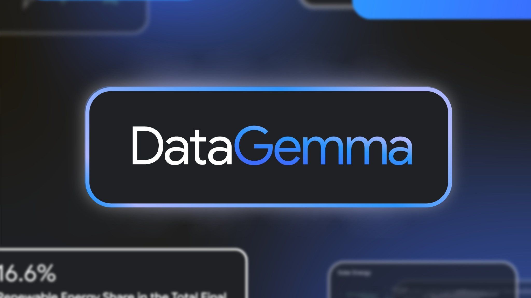 A Google DataGemma header surrounded by out-of-focus dialog boxes