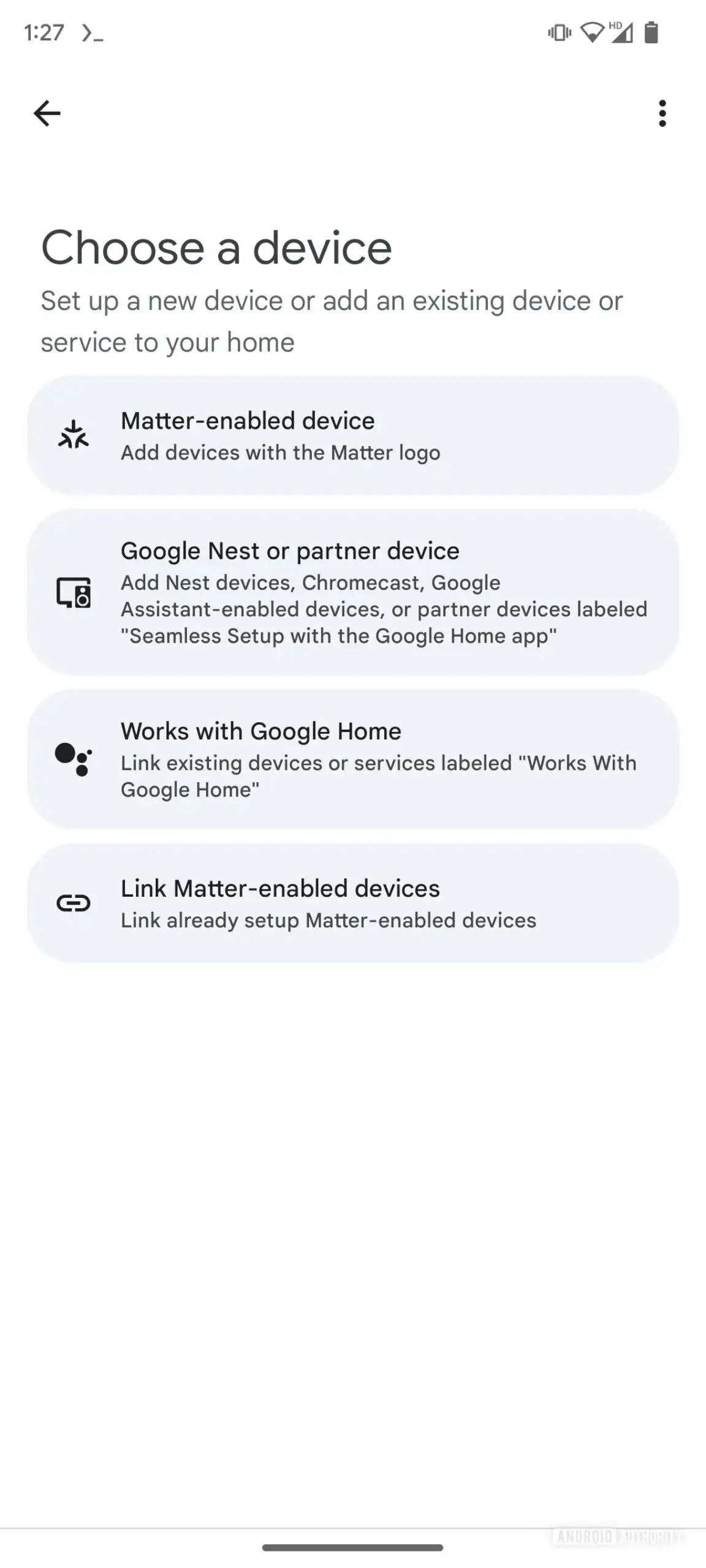 An APK teardown screenshot of the Choose a Device screen in the Google Home app