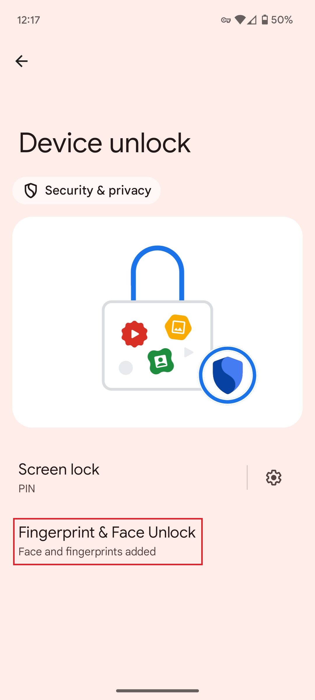 Device unlock settings on a Google Pixel phone with a red box around the Fingerprint & Face Unlock option