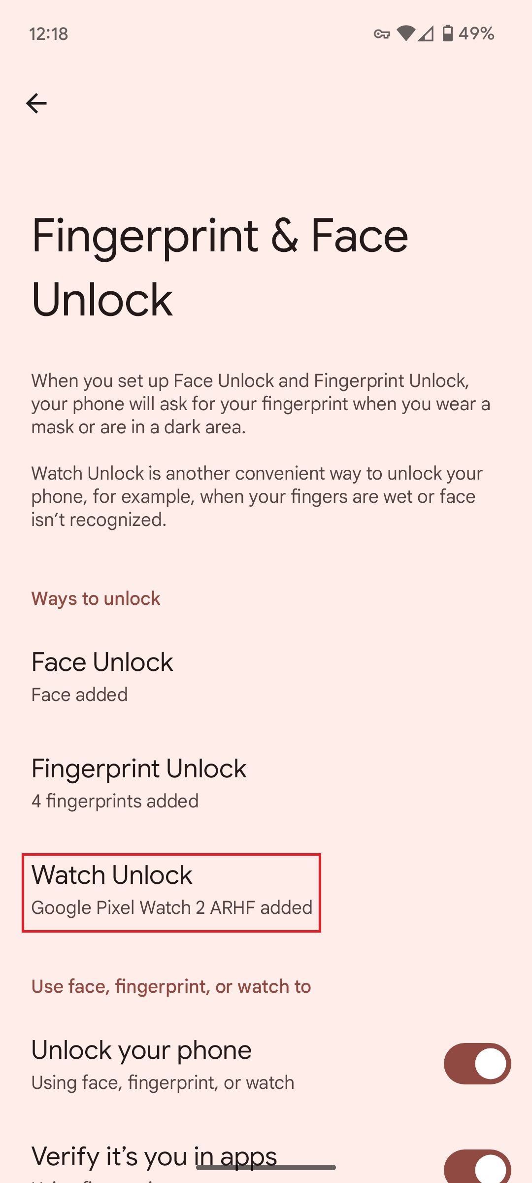 Fingerprint & Face Unlock settings on a Google Pixel phone with a red box around the Watch Unlock option