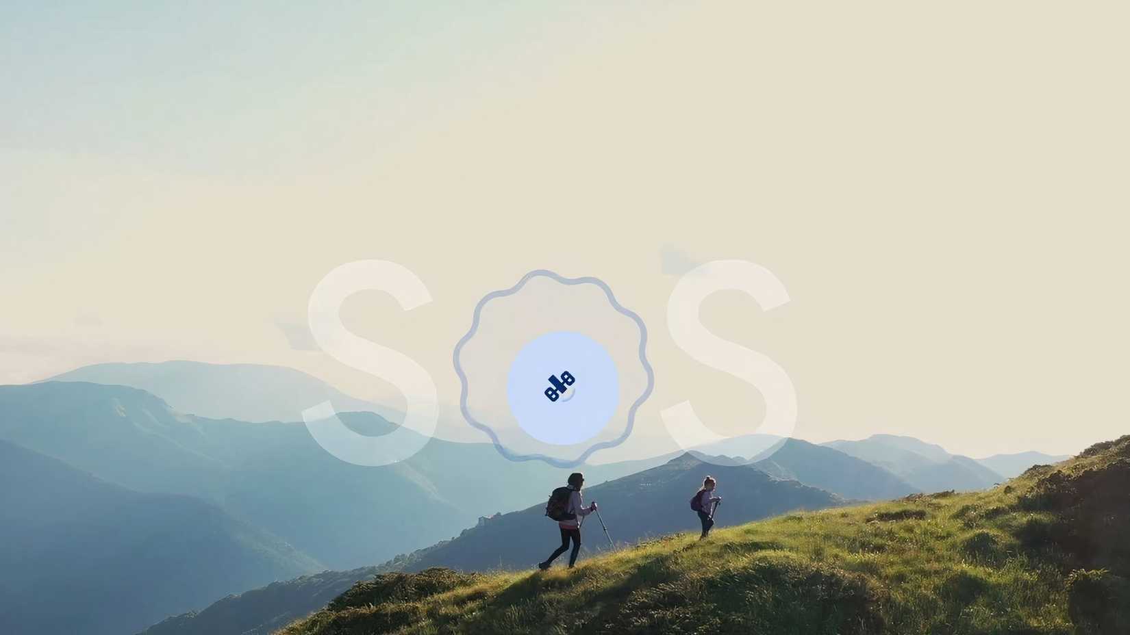 A demo screenshot showing the Google Pixel Satellite SOS logo with people hiking in the mountains.