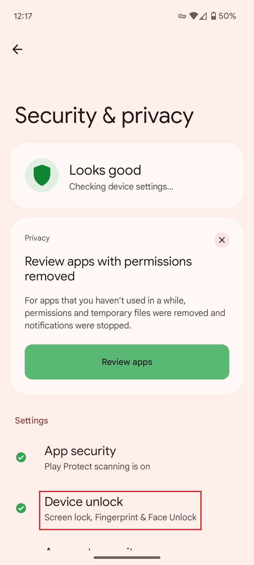Security & privacy settings on a Google Pixel phone with a red box around the Device unlock option